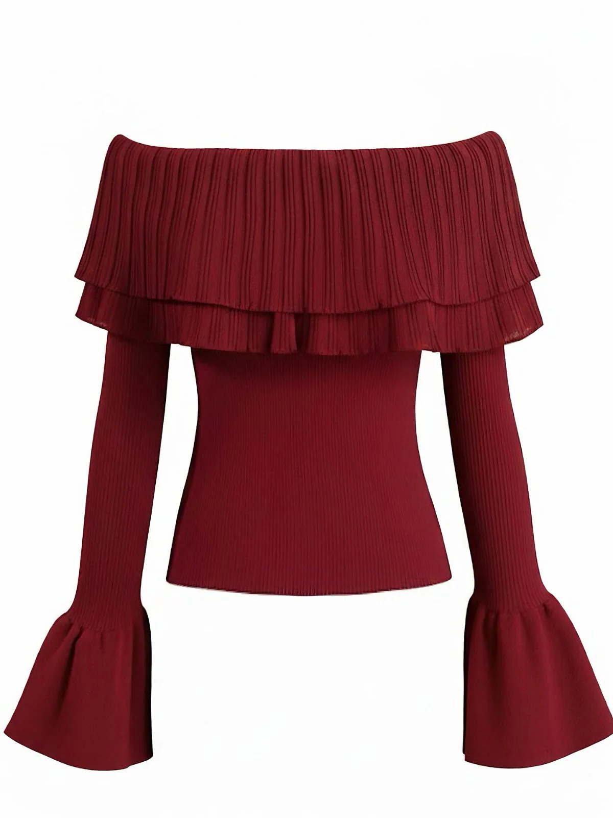 Wine Red 1960s Off-Shoulder Flare-Sleeve Knitted Top - Image 2