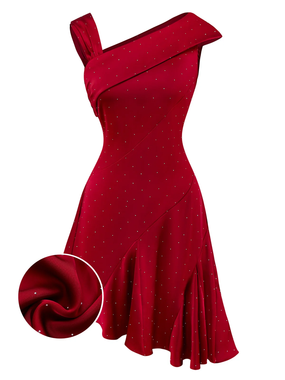 Wine Red 1960s Satin Rhinestone Off-Shoulder Dress - Image 2