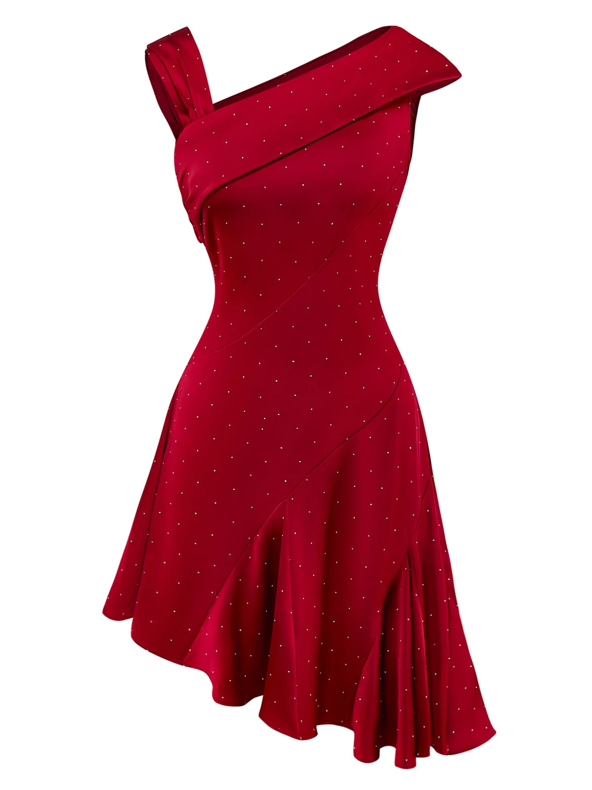 Wine Red 1960s Satin Rhinestone Off-Shoulder Dress - Image 3