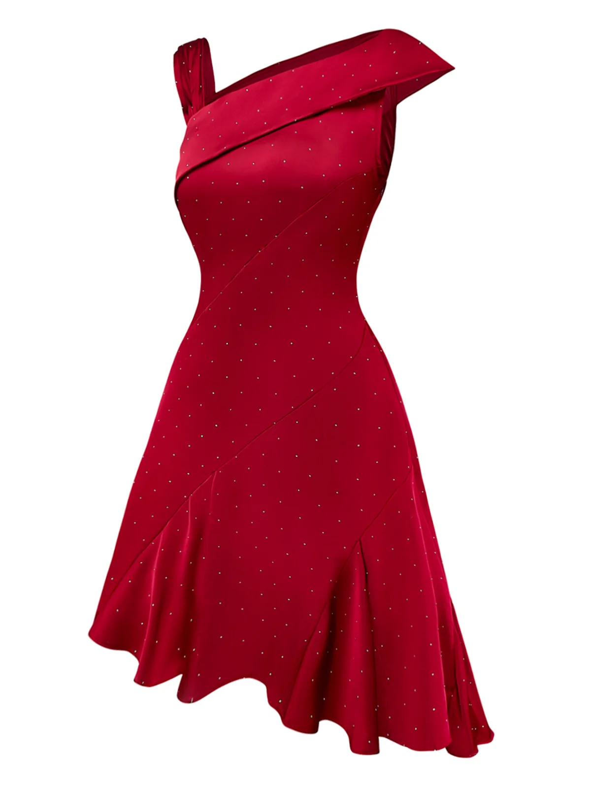 Wine Red 1960s Satin Rhinestone Off-Shoulder Dress - Image 4