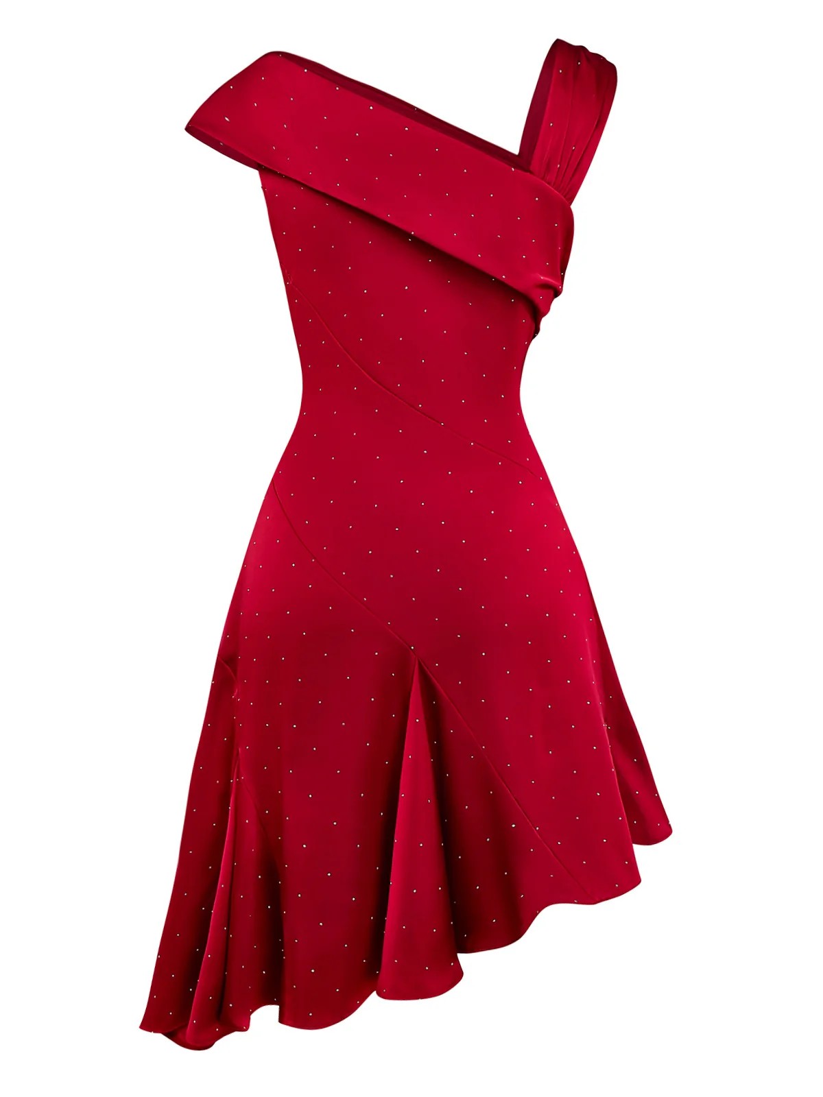 Wine Red 1960s Satin Rhinestone Off-Shoulder Dress - Image 5