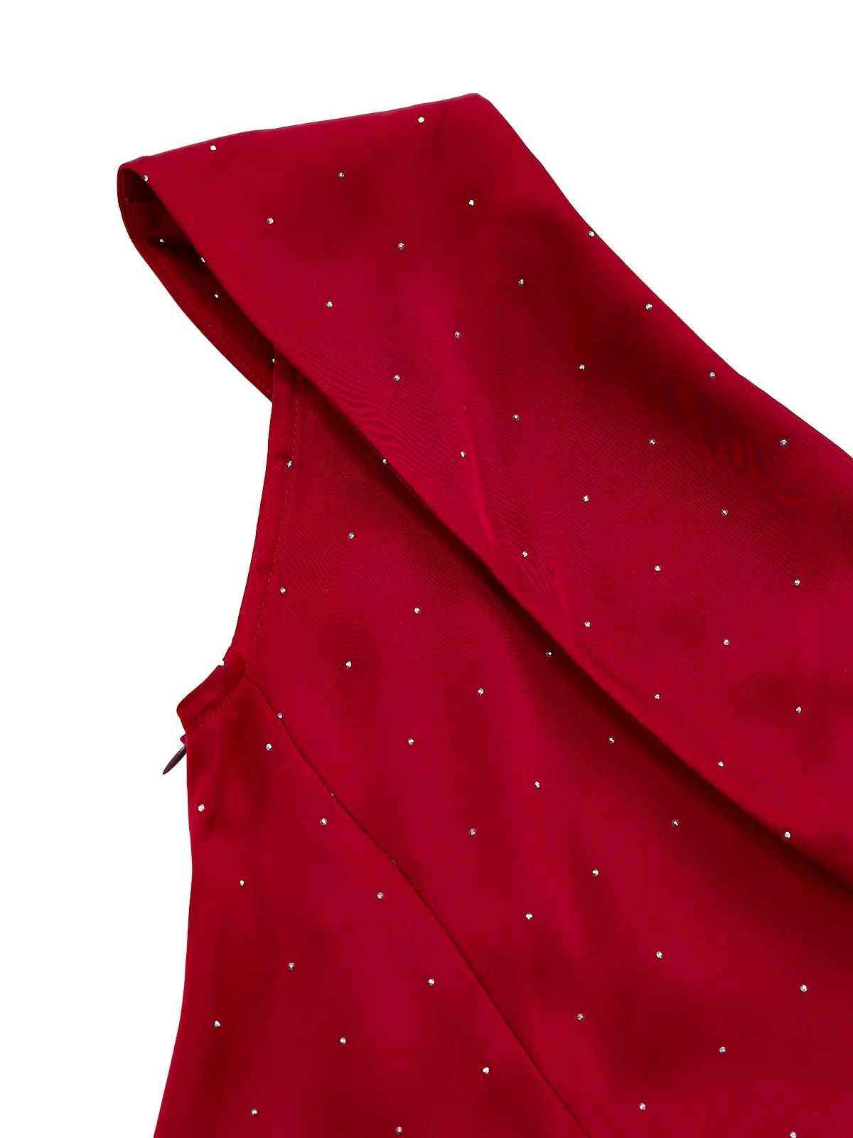 Wine Red 1960s Satin Rhinestone Off-Shoulder Dress - Image 6