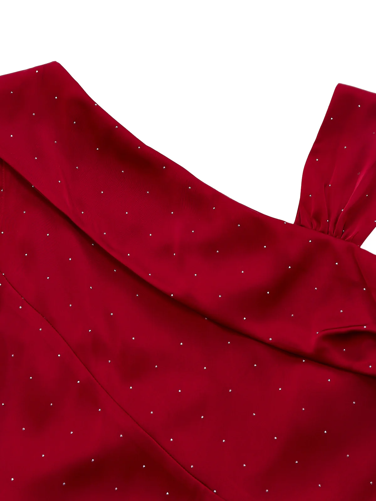 Wine Red 1960s Satin Rhinestone Off-Shoulder Dress - Image 7