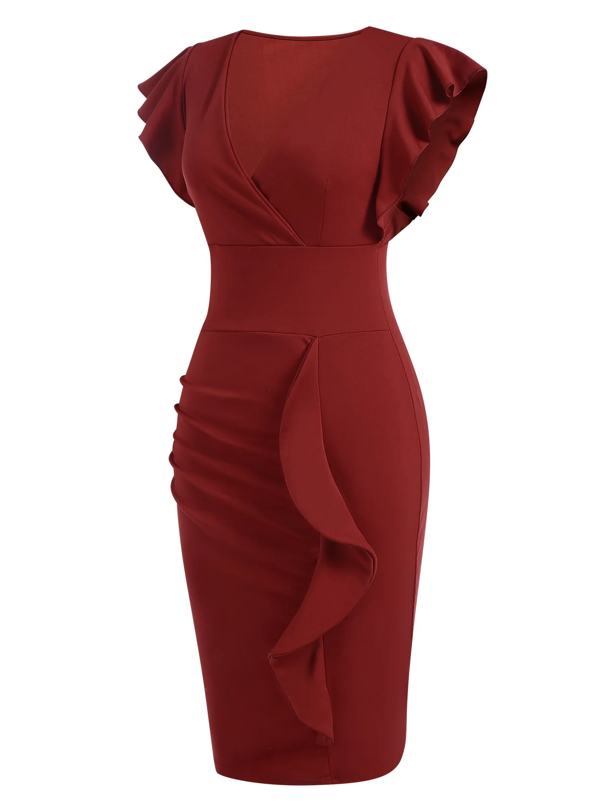 Wine Red 1960s Solid Ruffle Trim Dress - Image 2