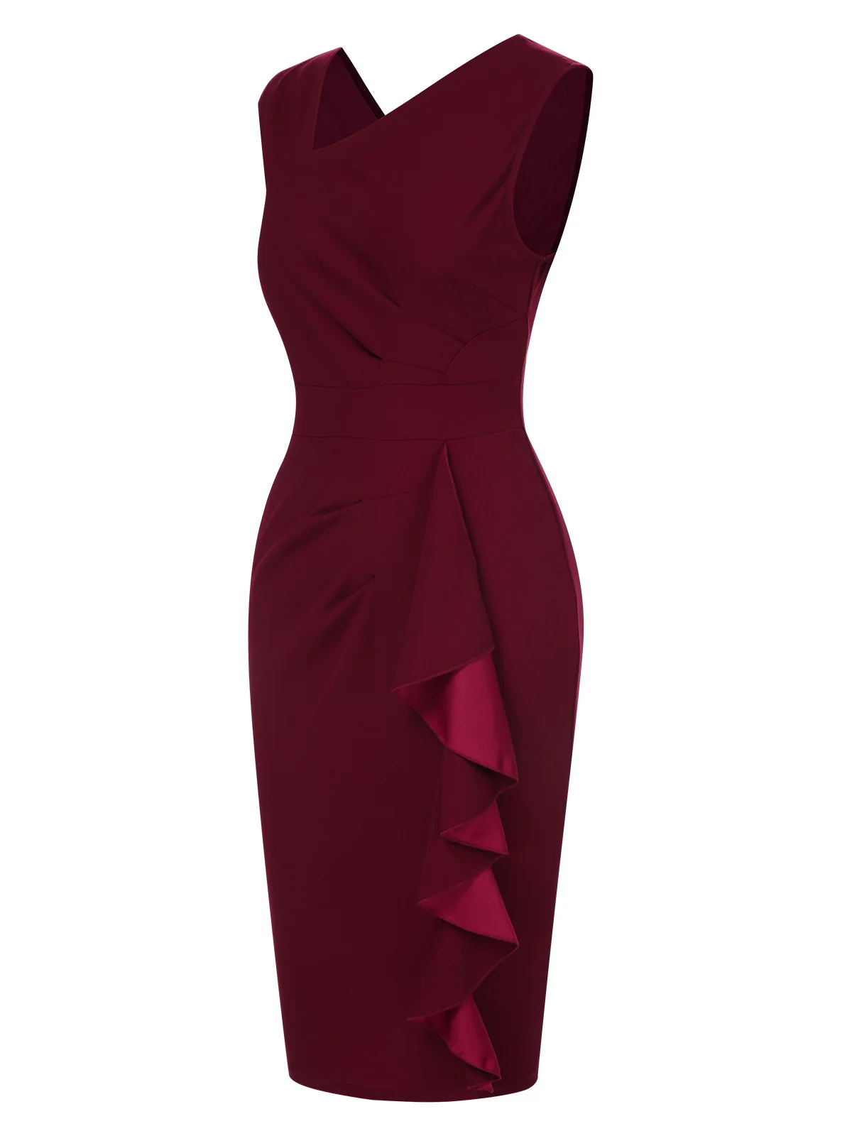 Wine Red 1960s Solid Ruffle Trim Pencil Dress - Image 2