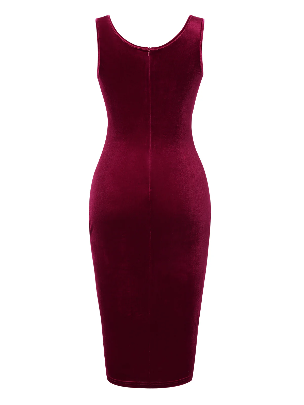 Wine Red 1960s Solid U-Neck Velvet Slit Dress - Image 2