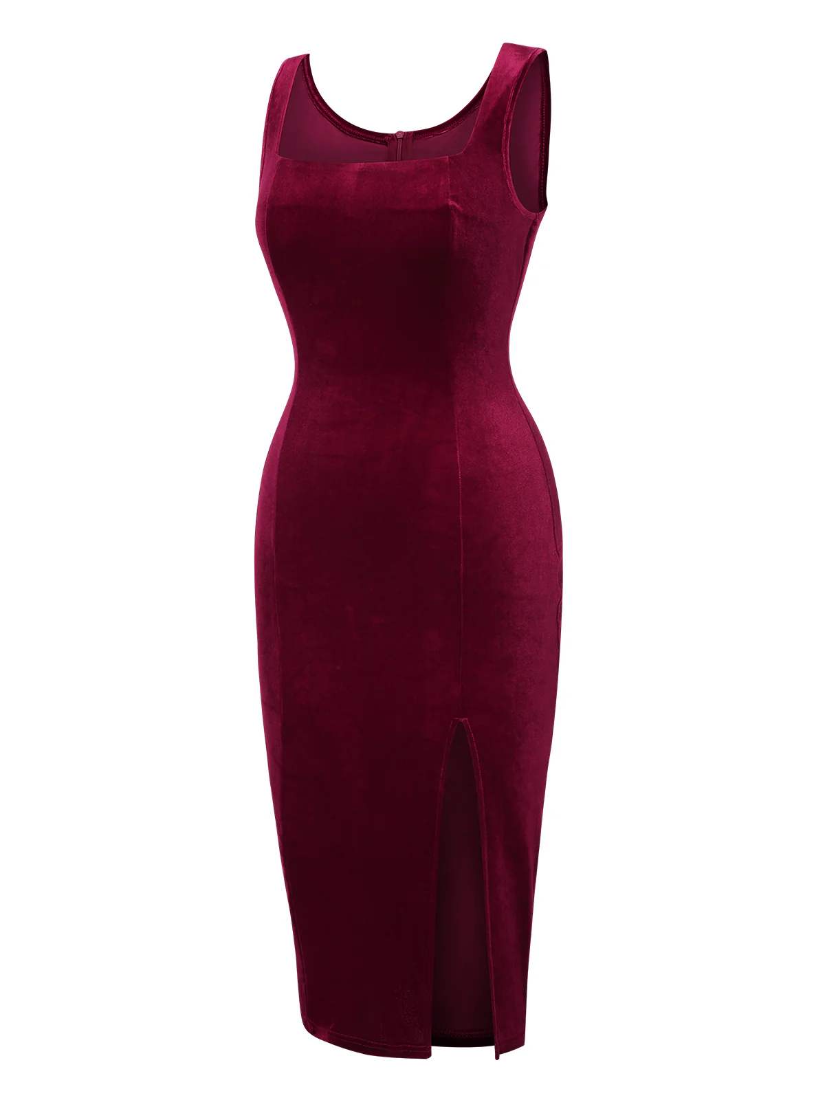Wine Red 1960s Solid U-Neck Velvet Slit Dress - Image 3