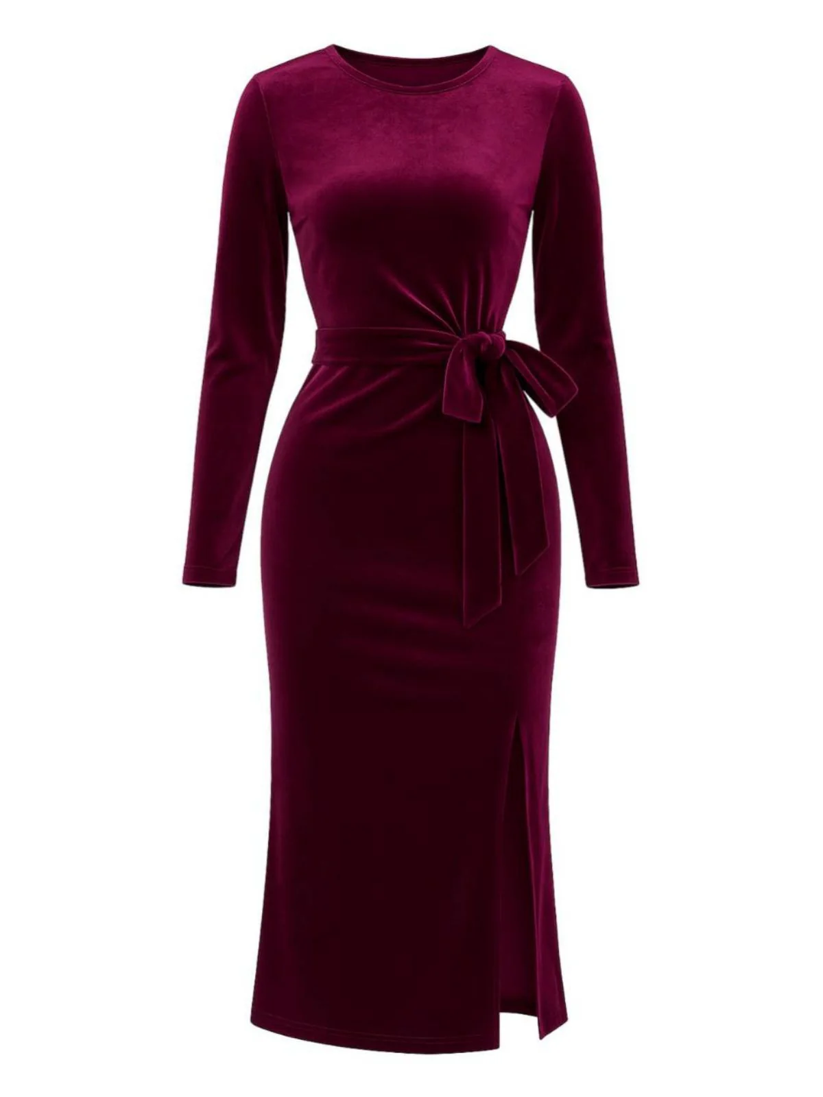 Wine Red 1960s Velvet Waist-Tie Bodycon Dress - Image 2