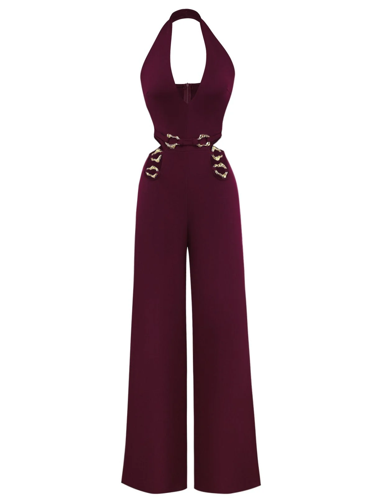 Wine Red 1970s Deep V-Neck Cutout Metal Buckle Jumpsuit - Image 2