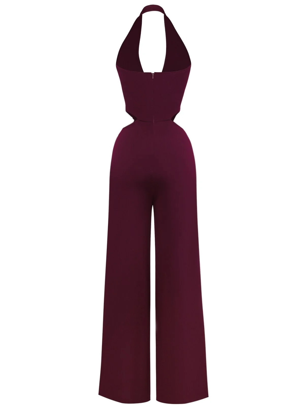 Wine Red 1970s Deep V-Neck Cutout Metal Buckle Jumpsuit - Image 3