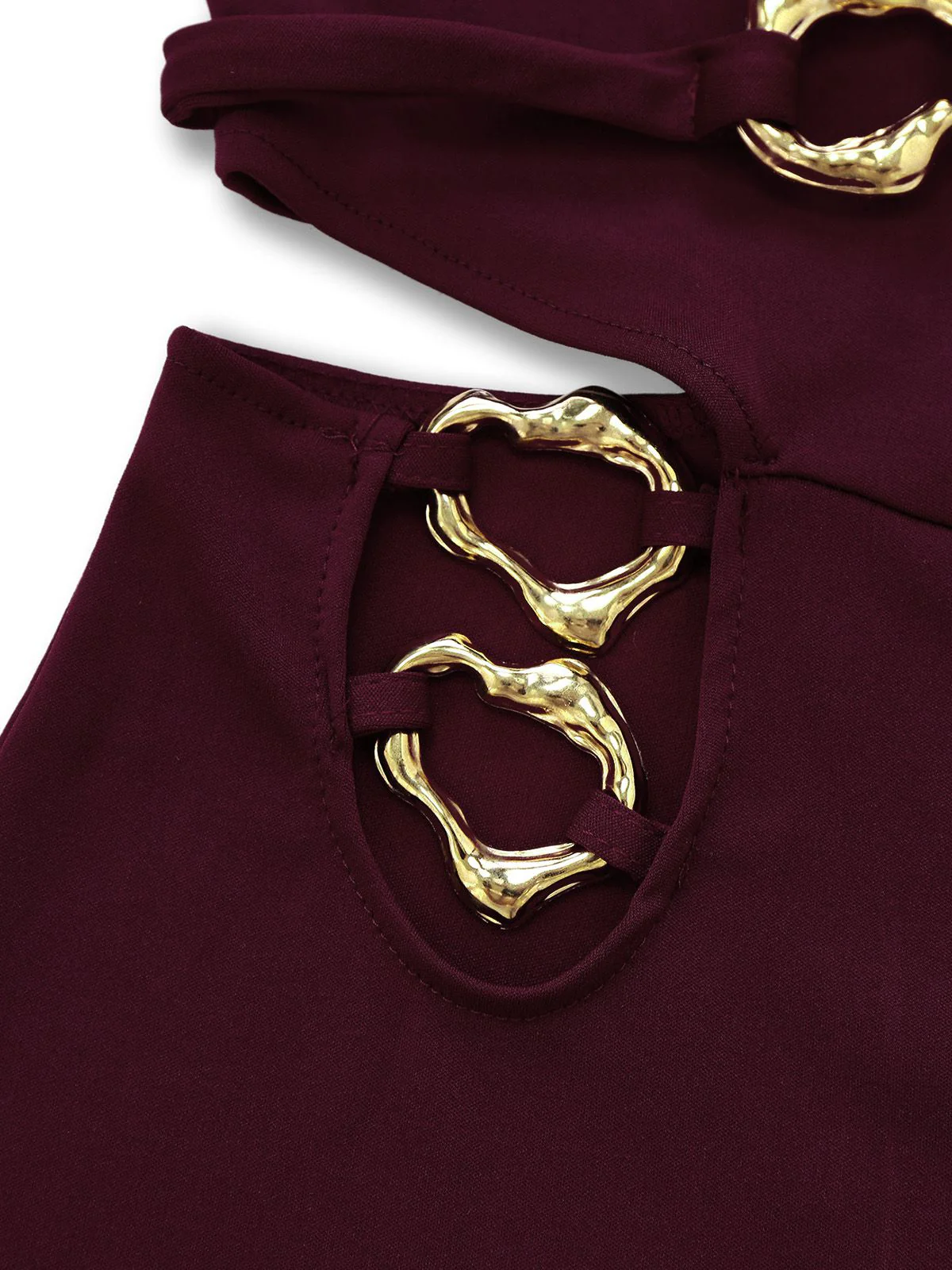 Wine Red 1970s Deep V-Neck Cutout Metal Buckle Jumpsuit - Image 4
