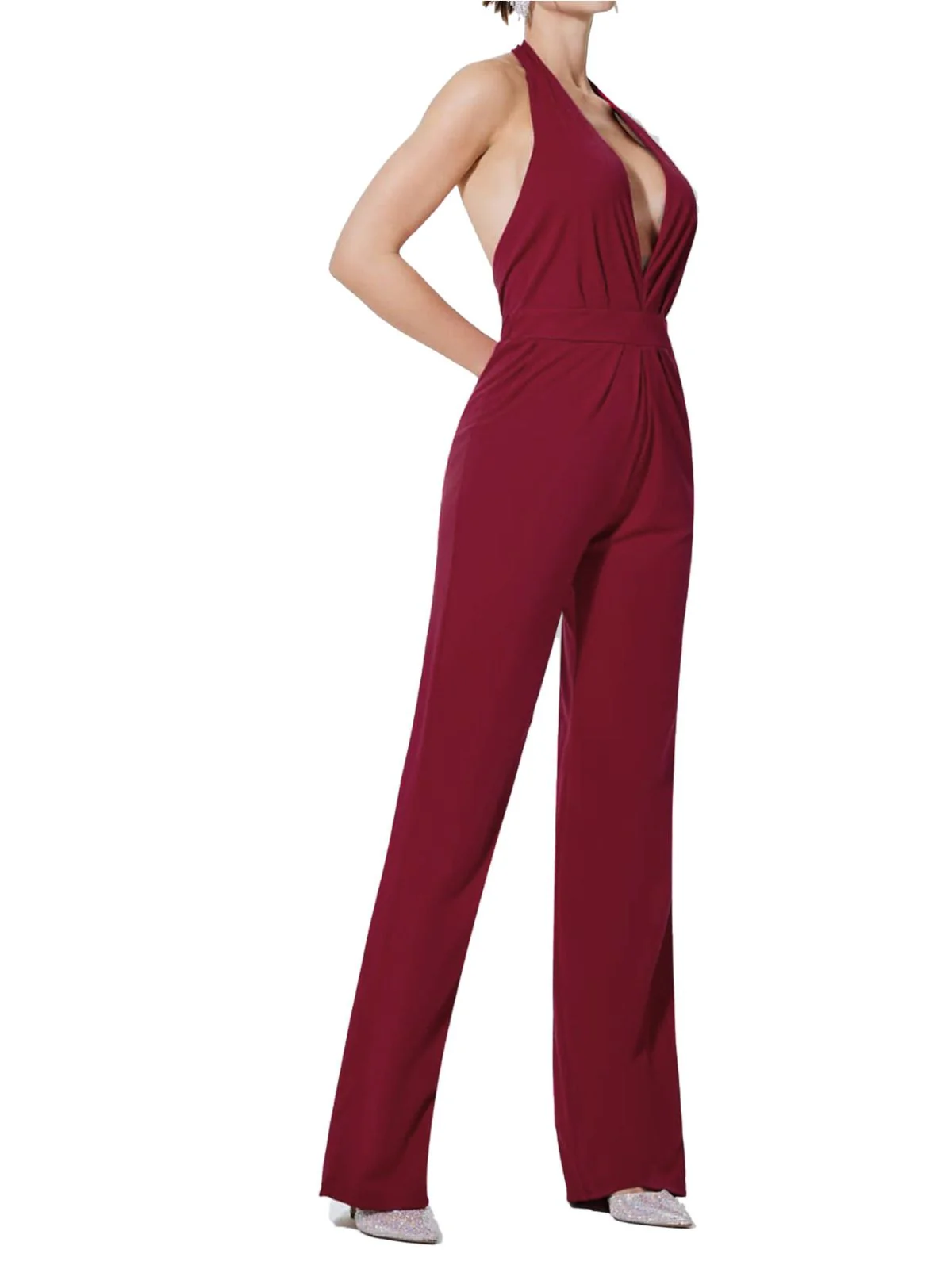 Wine Red 1970s Halter Deep V-Neck Pockets Jumpsuit - Image 2