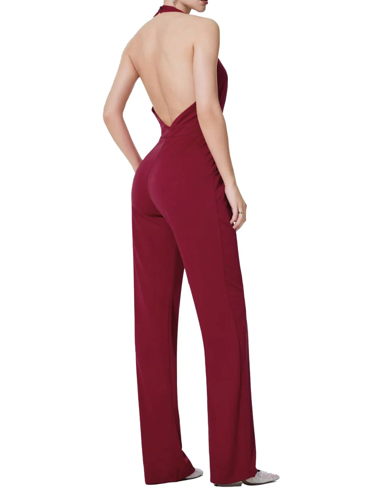 Wine Red 1970s Halter Deep V-Neck Pockets Jumpsuit - Image 3