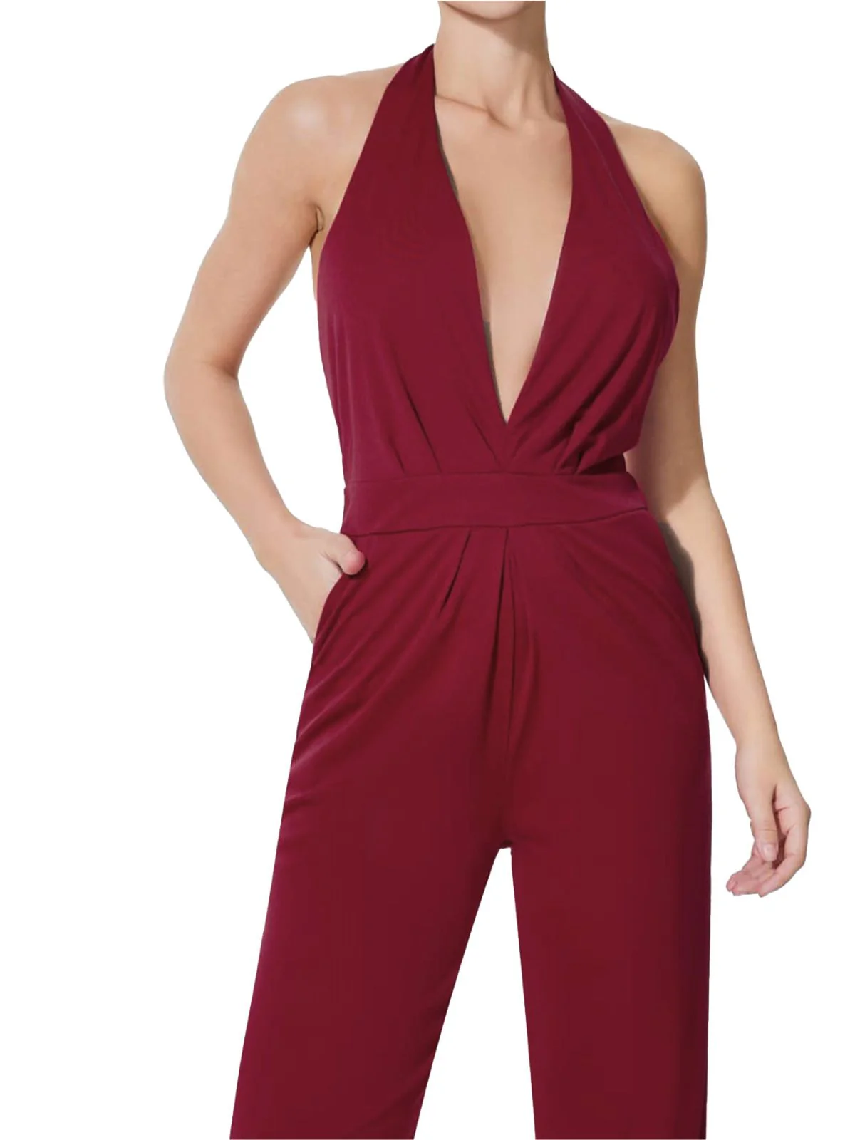 Wine Red 1970s Halter Deep V-Neck Pockets Jumpsuit - Image 4