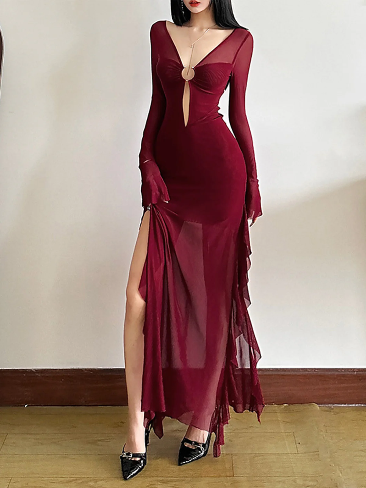 Wine Red 1970s Sheer Mesh Ruffle Maxi Dress - Image 2