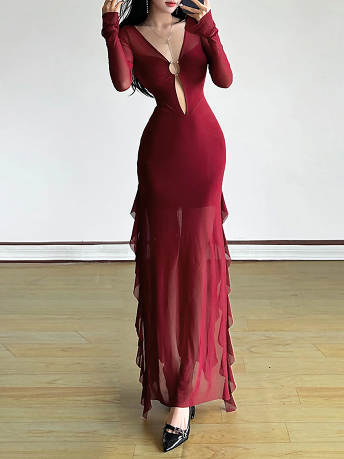 Wine Red 1970s Sheer Mesh Ruffle Maxi Dress - Image 3
