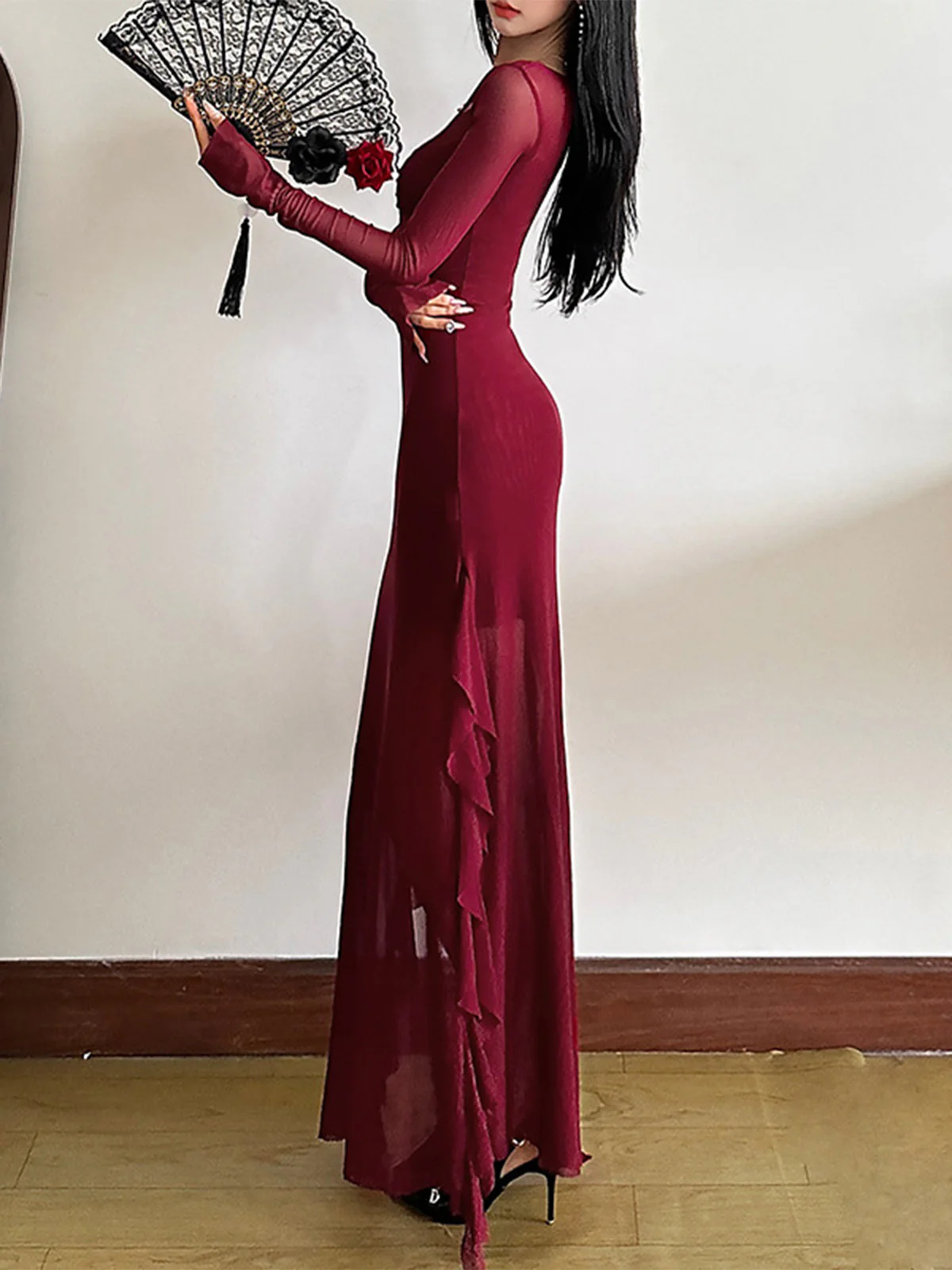 Wine Red 1970s Sheer Mesh Ruffle Maxi Dress - Image 4