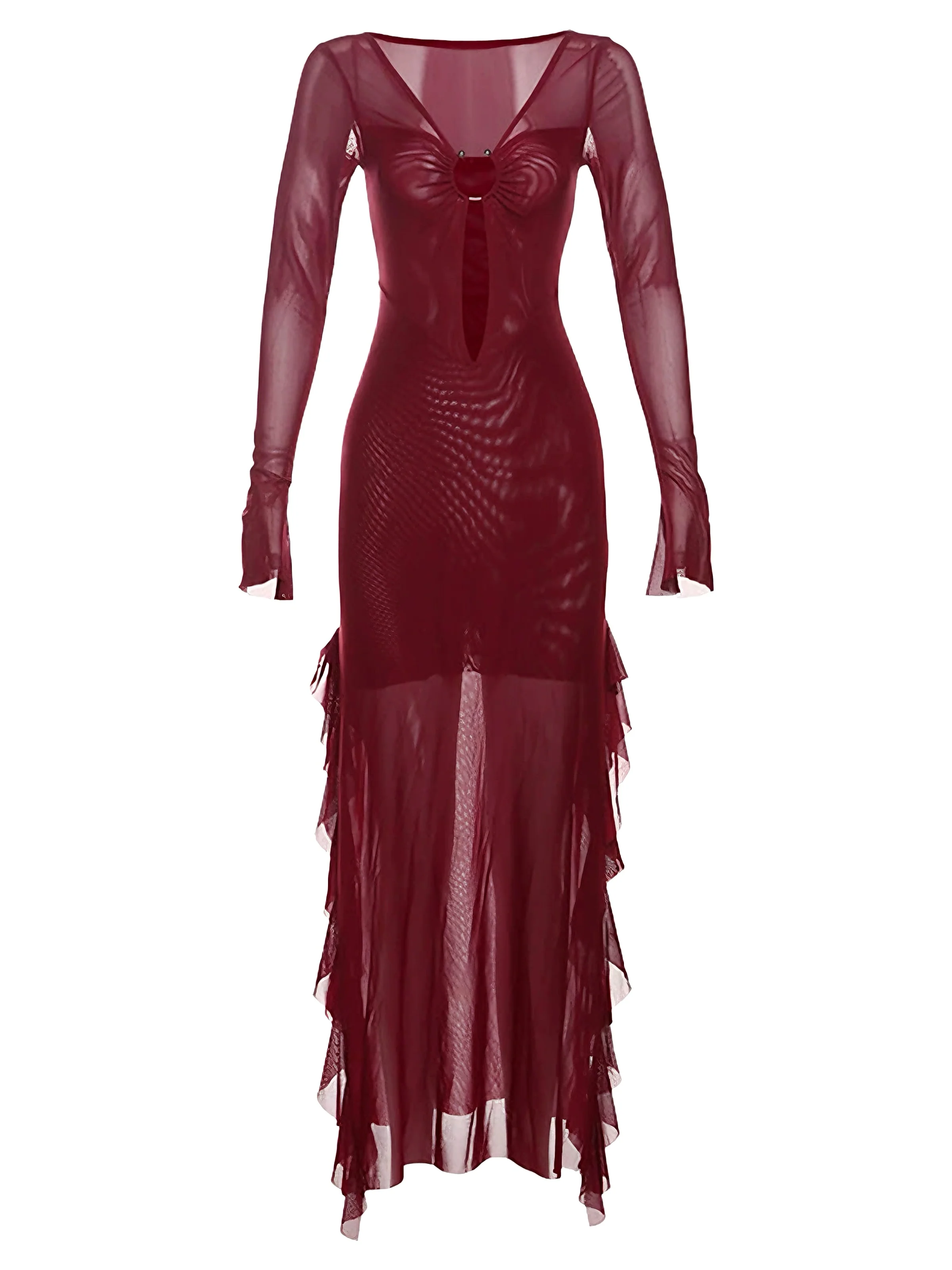 Wine Red 1970s Sheer Mesh Ruffle Maxi Dress - Image 5