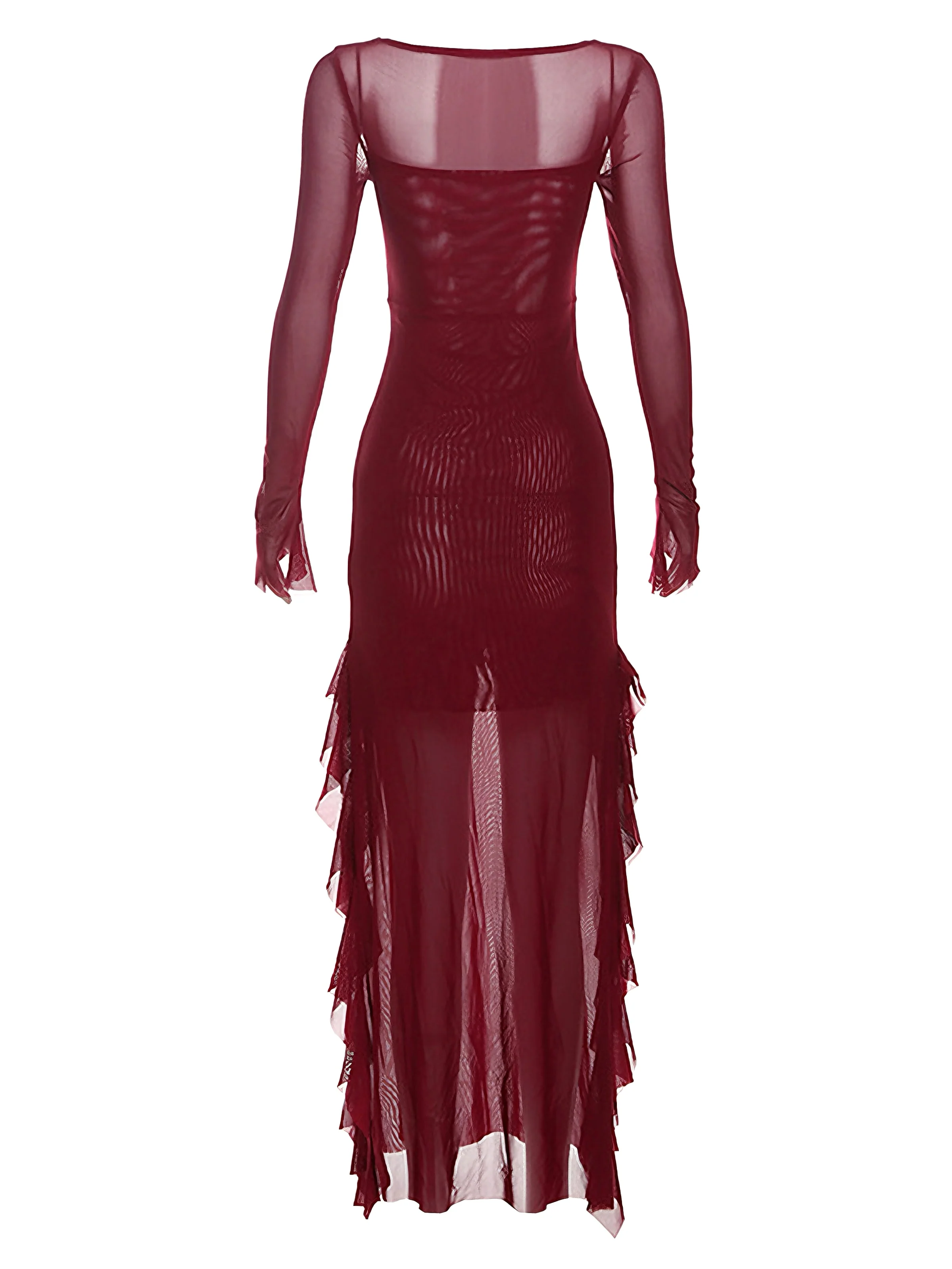 Wine Red 1970s Sheer Mesh Ruffle Maxi Dress - Image 6