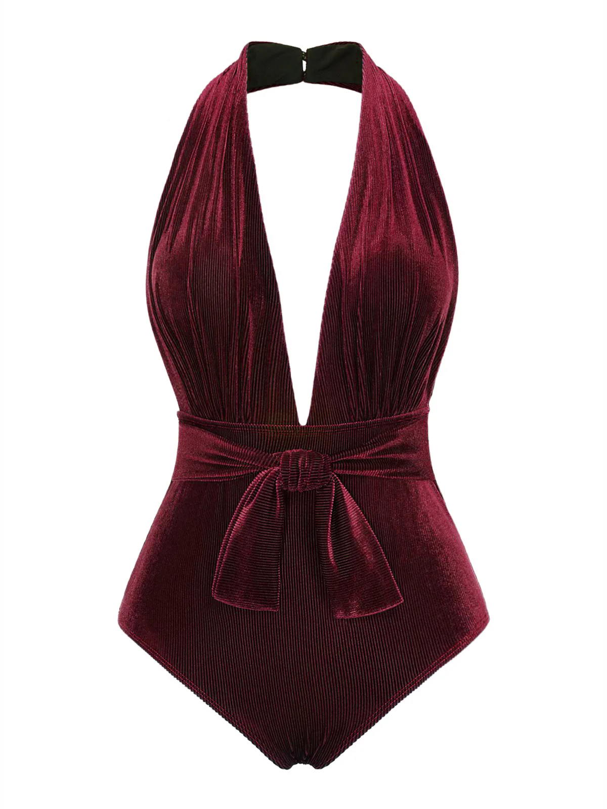 Dark Green 1970s Velvet Deep V-Neck Swimsuit - Image 9