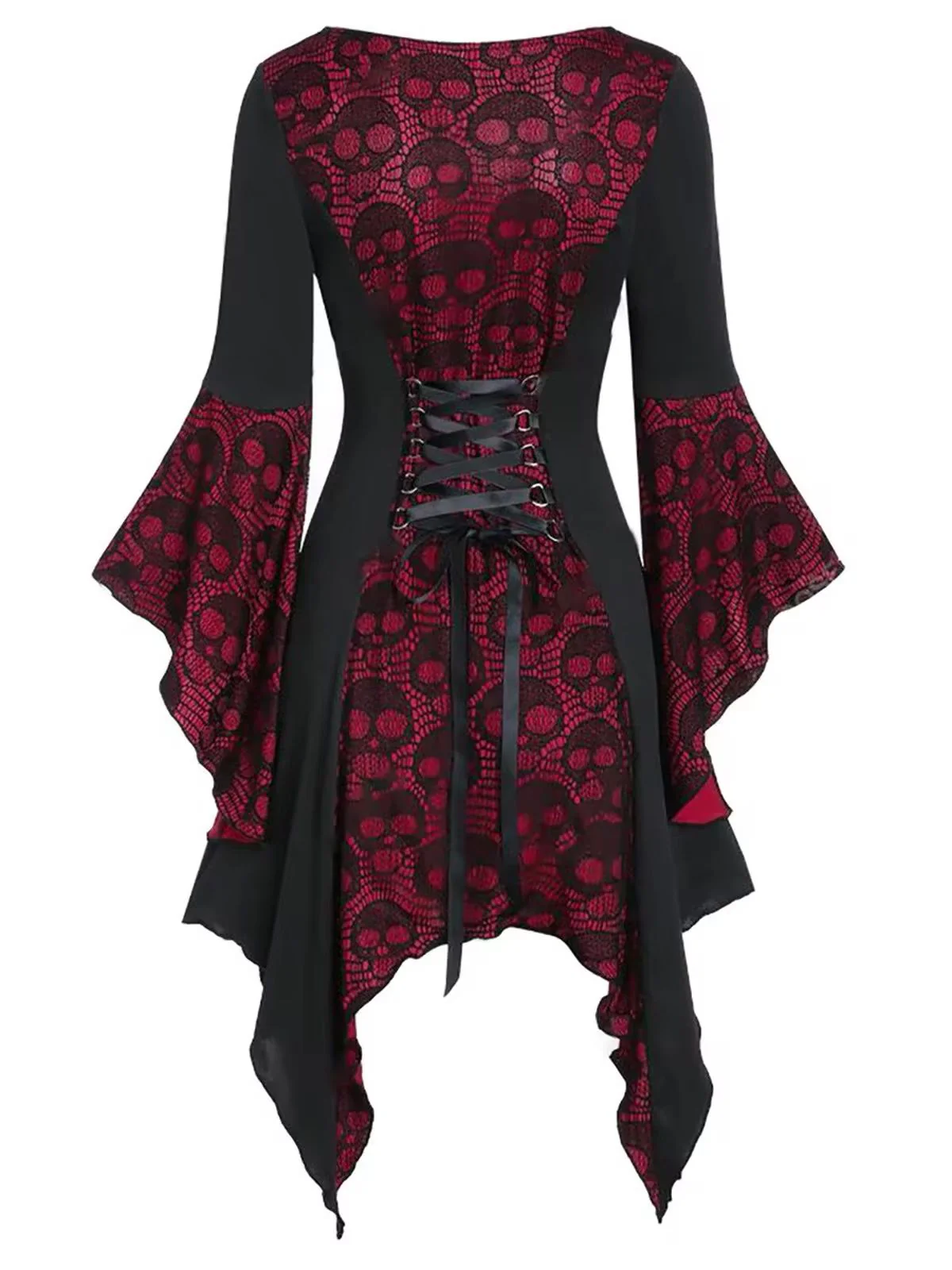 Wine Red&Black 1940s Skull Lace Button Dress - Image 2