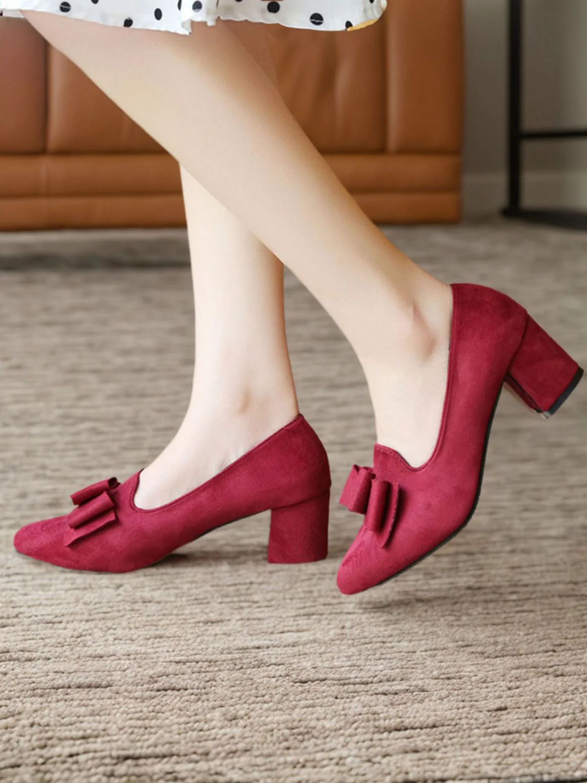 Wine Red Solid Bowknot Flannelette Heels - Image 2