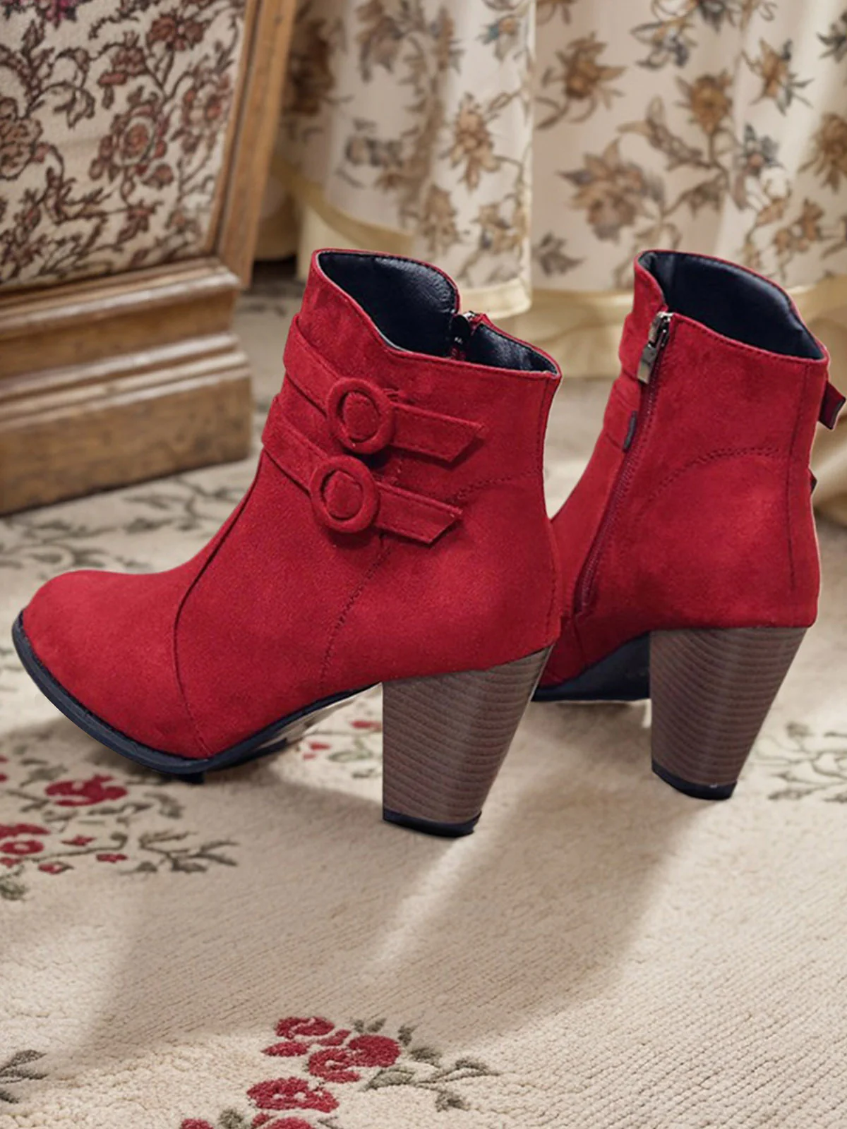 Wine Red Vintage Flannelette High Heel Boots - Image 2