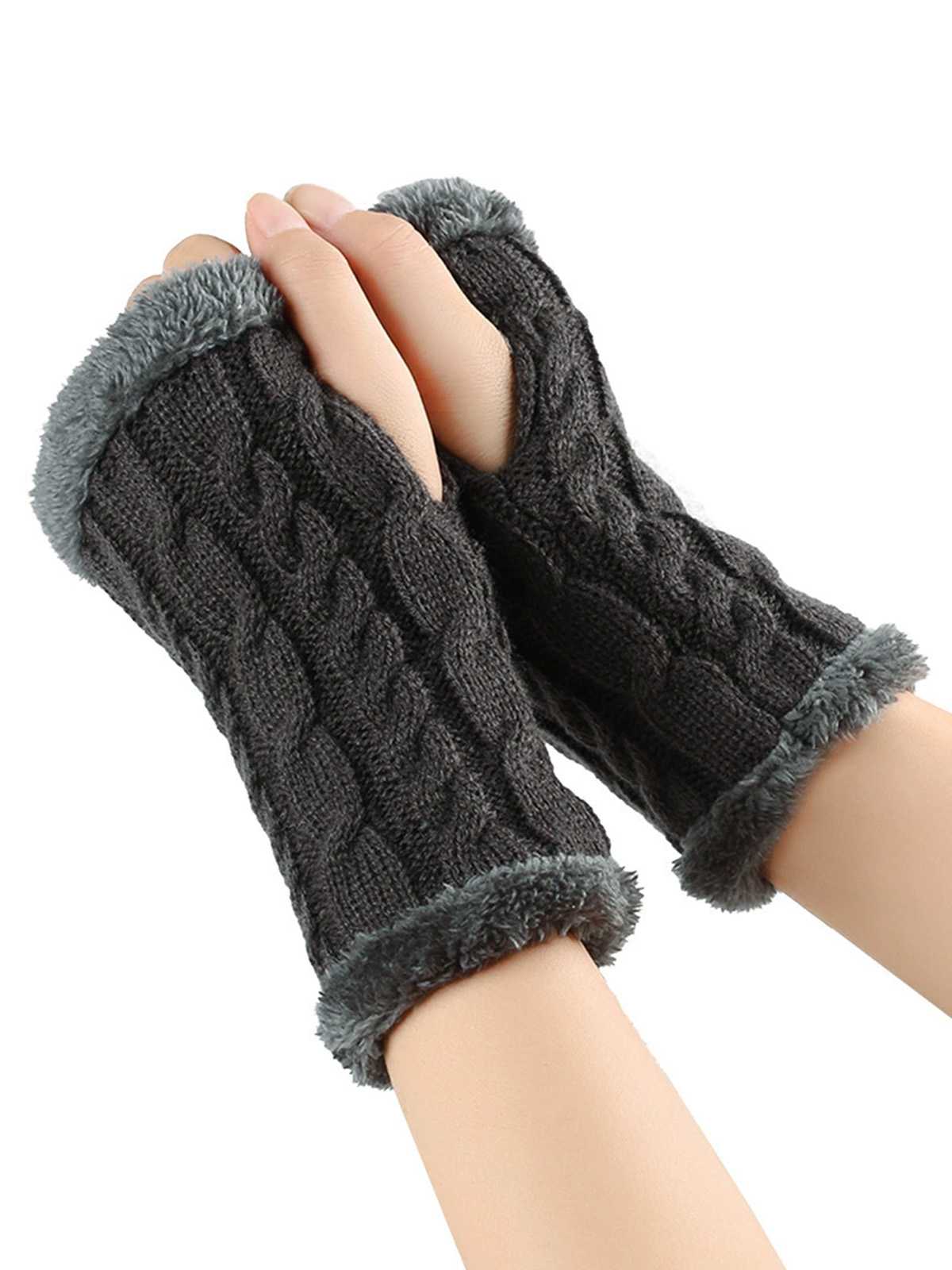 Winter Faux Fur Trim Knit Fingerless Gloves - Image 10