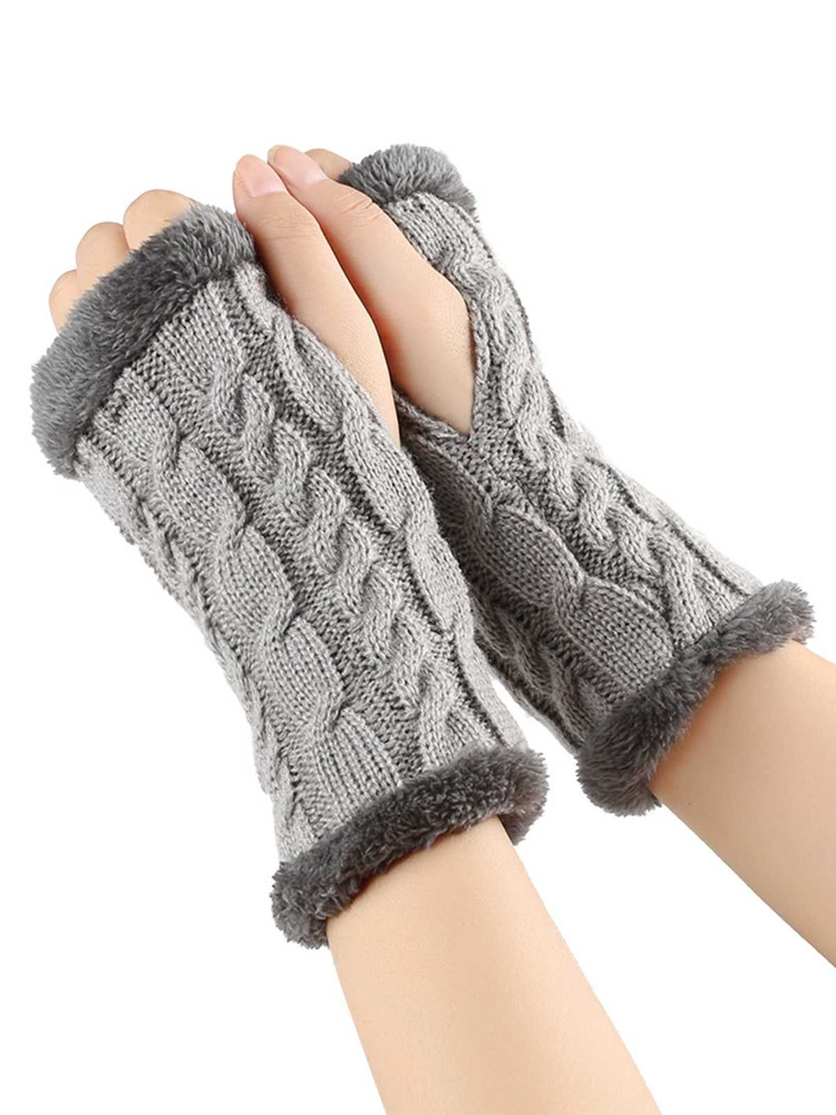 Winter Faux Fur Trim Knit Fingerless Gloves - Image 11