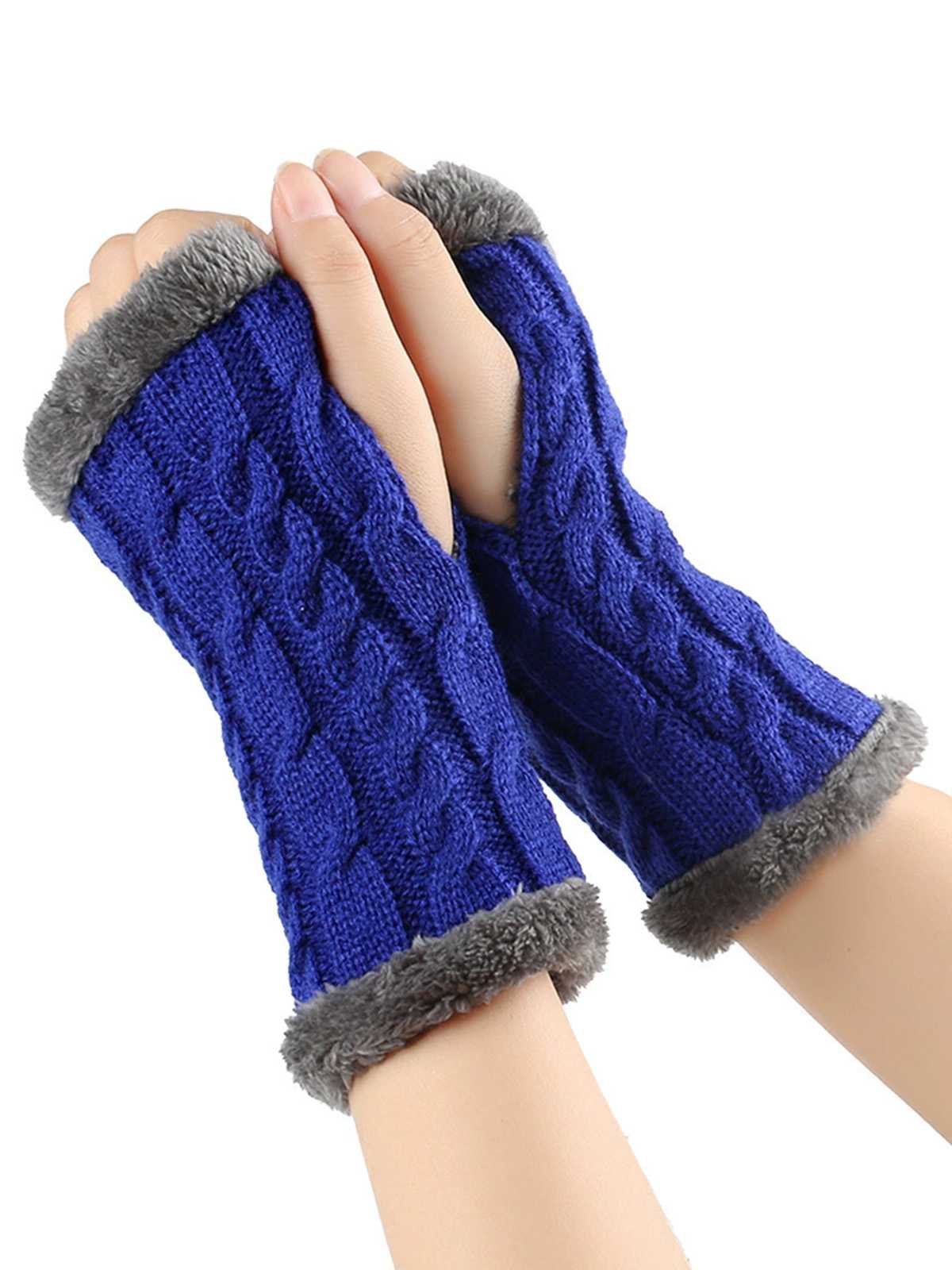 Winter Faux Fur Trim Knit Fingerless Gloves - Image 12