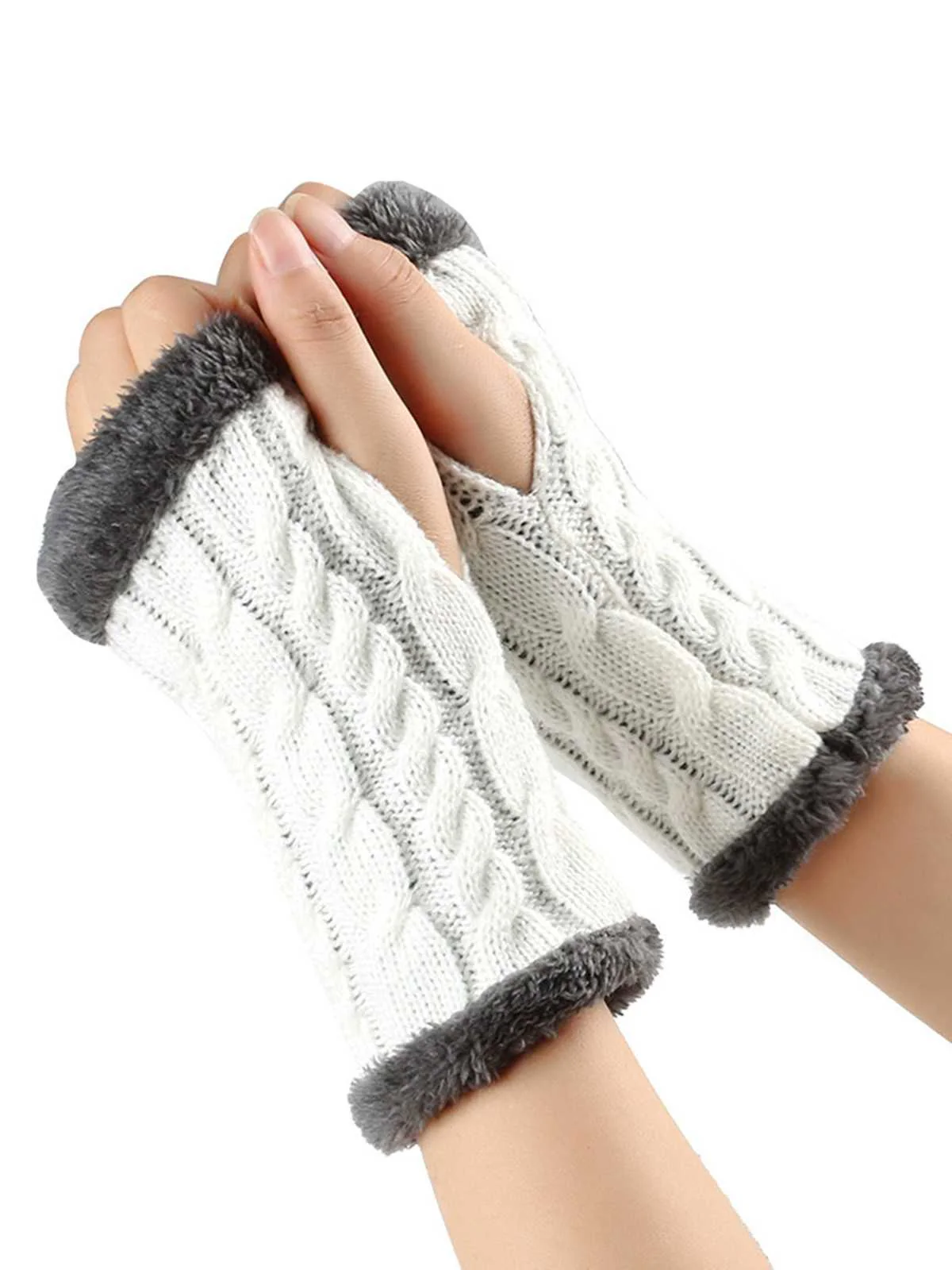 Winter Faux Fur Trim Knit Fingerless Gloves - Image 13