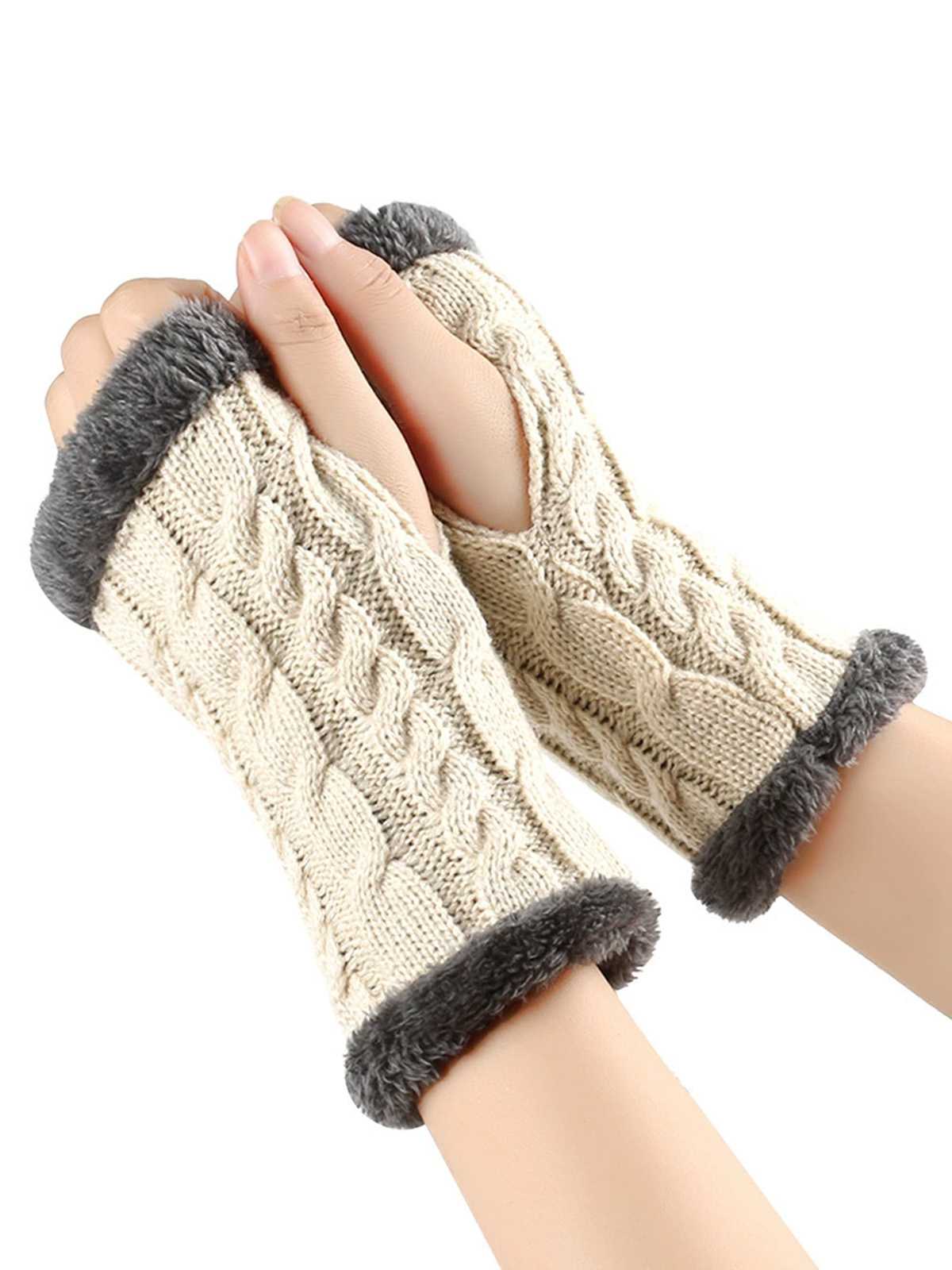Winter Faux Fur Trim Knit Fingerless Gloves - Image 14