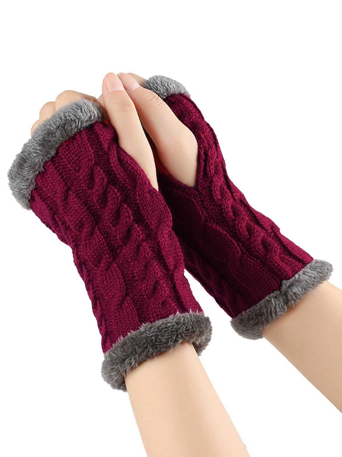 Winter Faux Fur Trim Knit Fingerless Gloves - Image 2