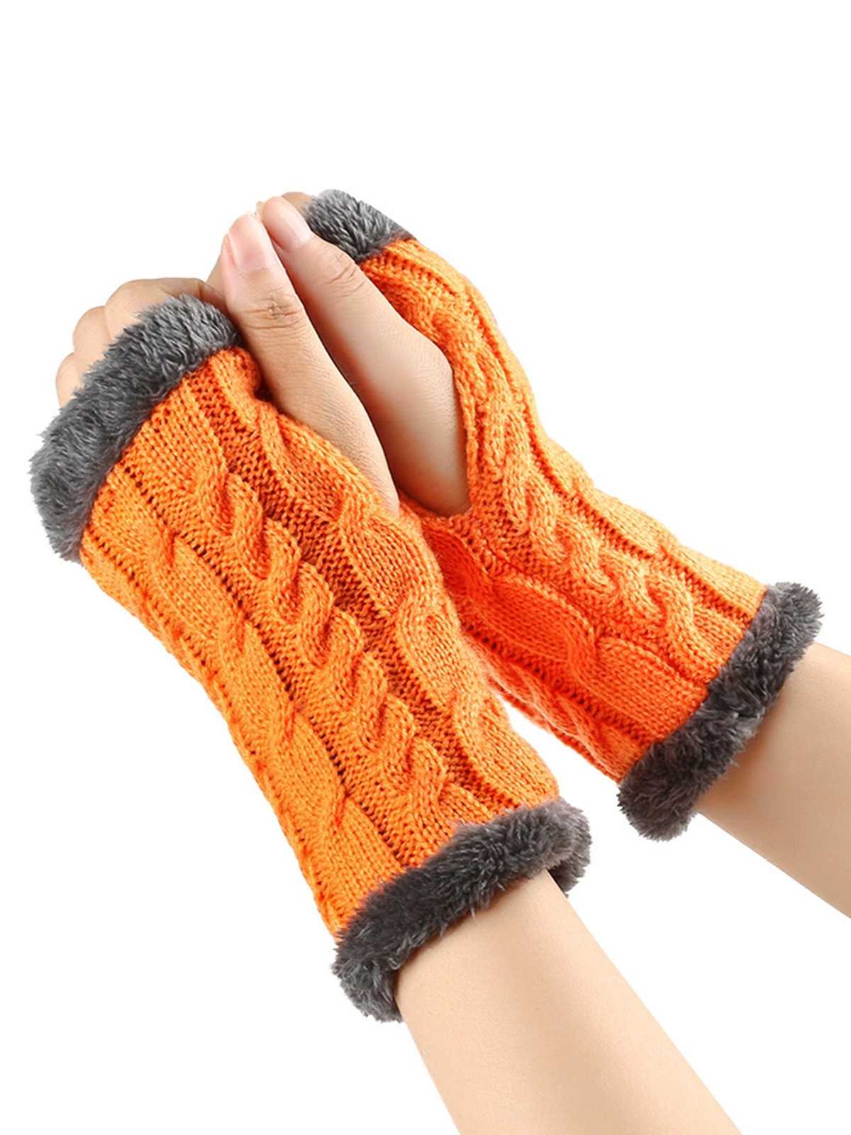 Winter Faux Fur Trim Knit Fingerless Gloves - Image 3