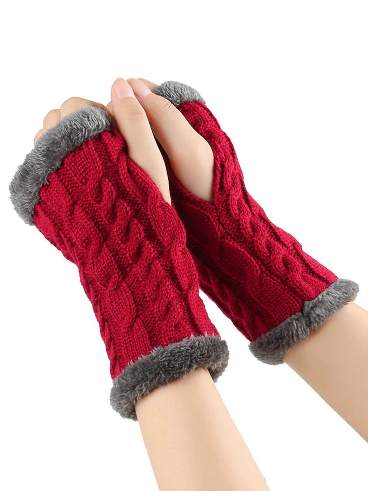 Winter Faux Fur Trim Knit Fingerless Gloves - Image 4