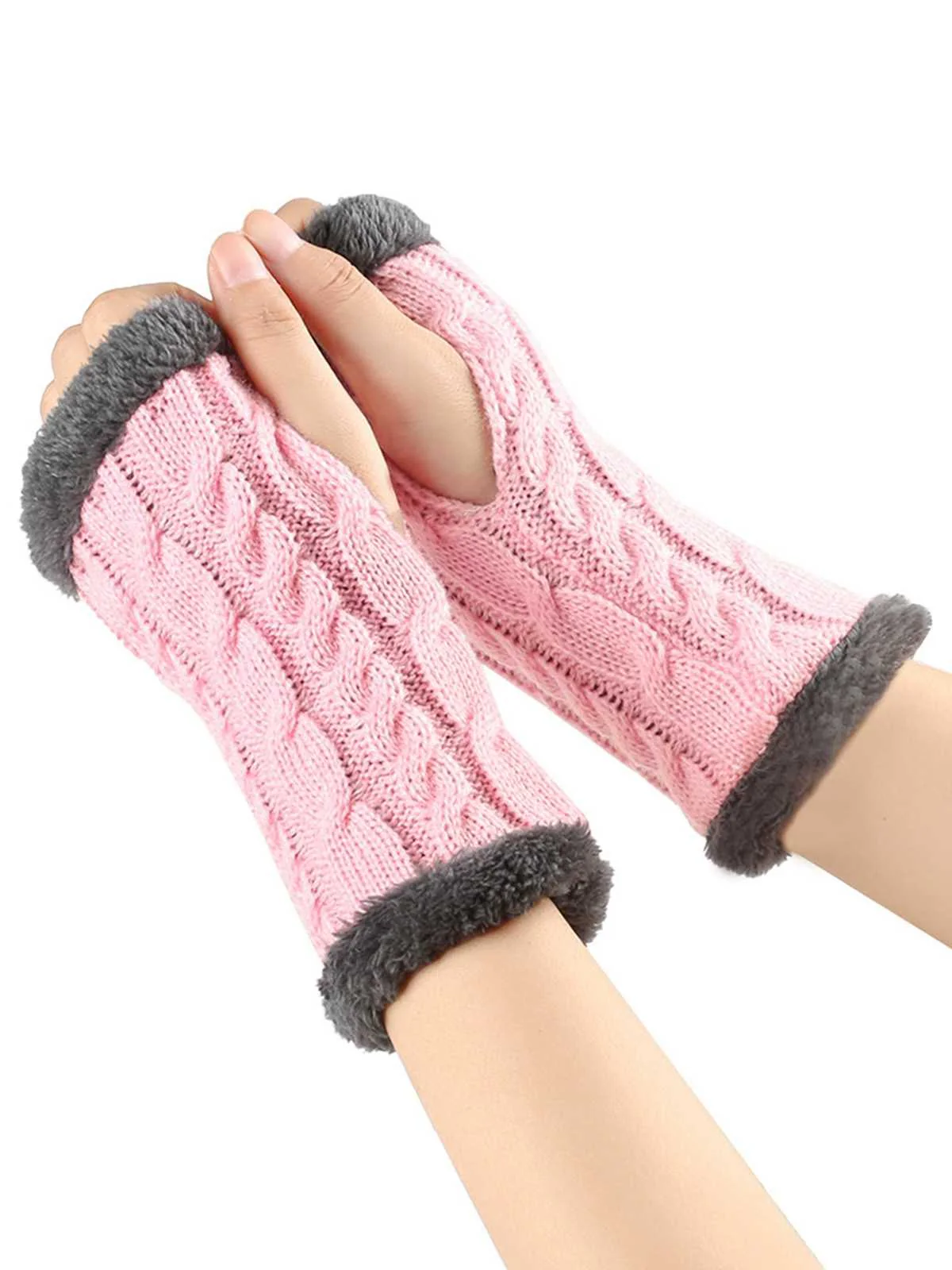 Winter Faux Fur Trim Knit Fingerless Gloves - Image 5