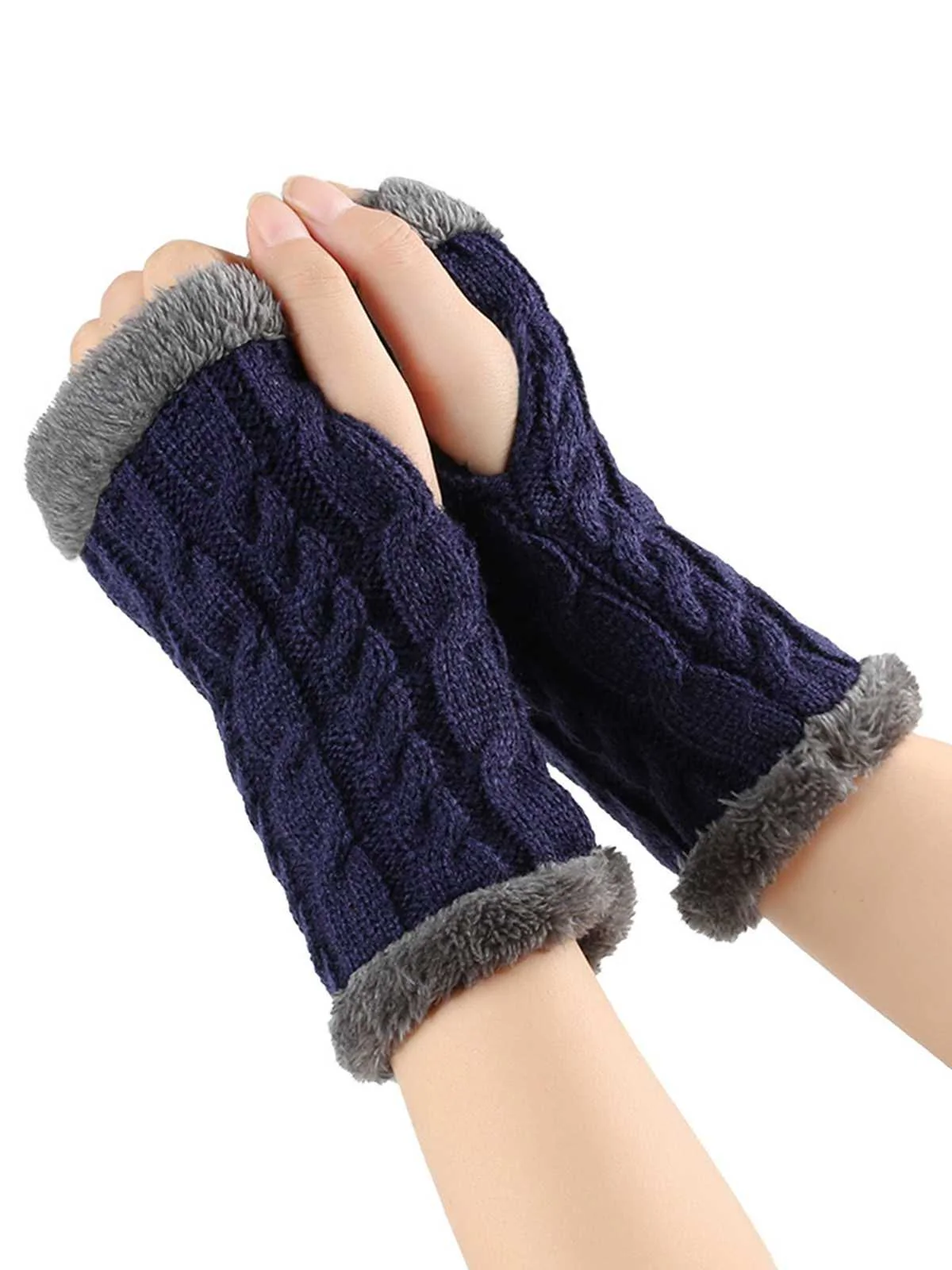 Winter Faux Fur Trim Knit Fingerless Gloves - Image 6