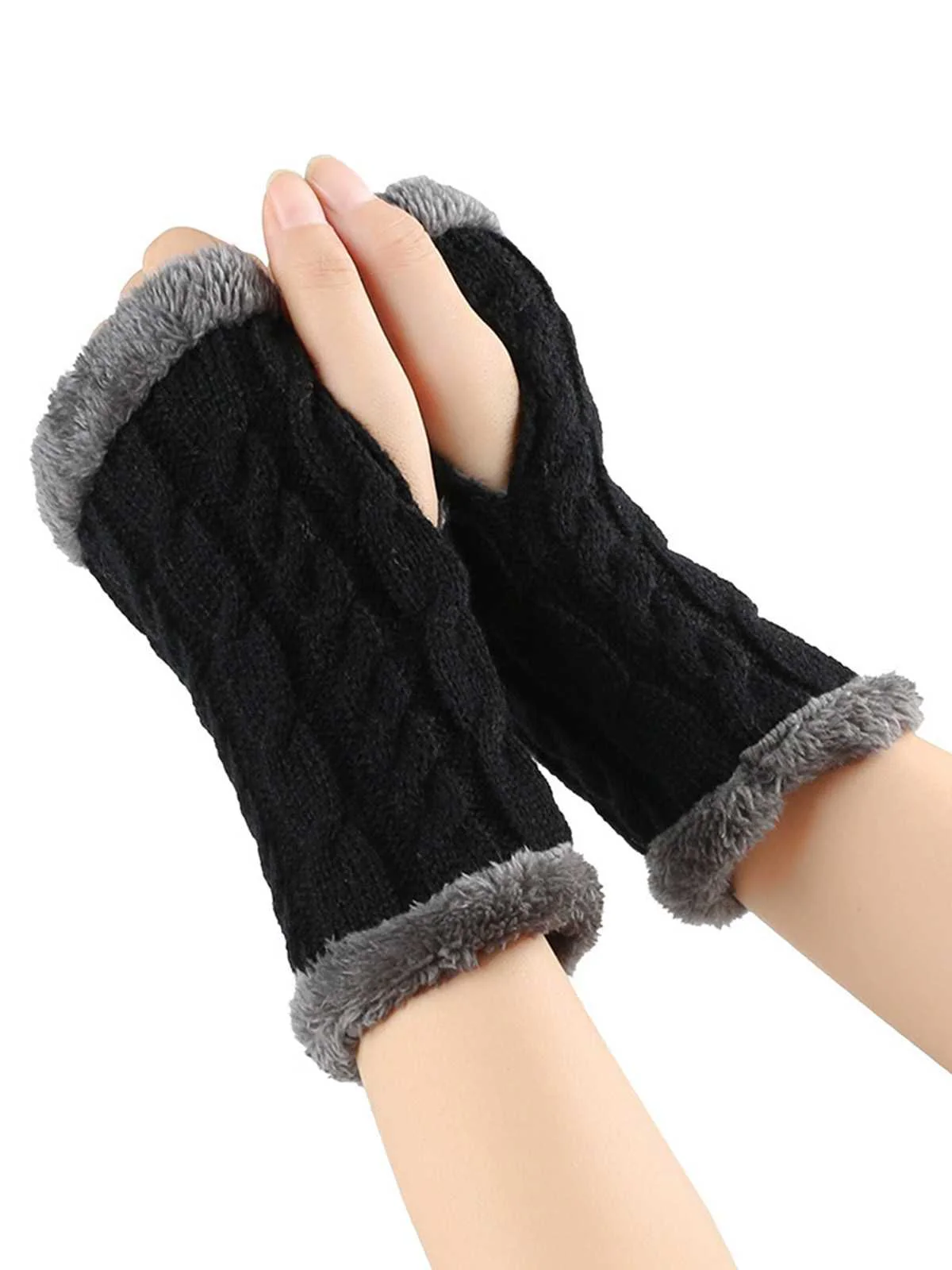 Winter Faux Fur Trim Knit Fingerless Gloves - Image 7