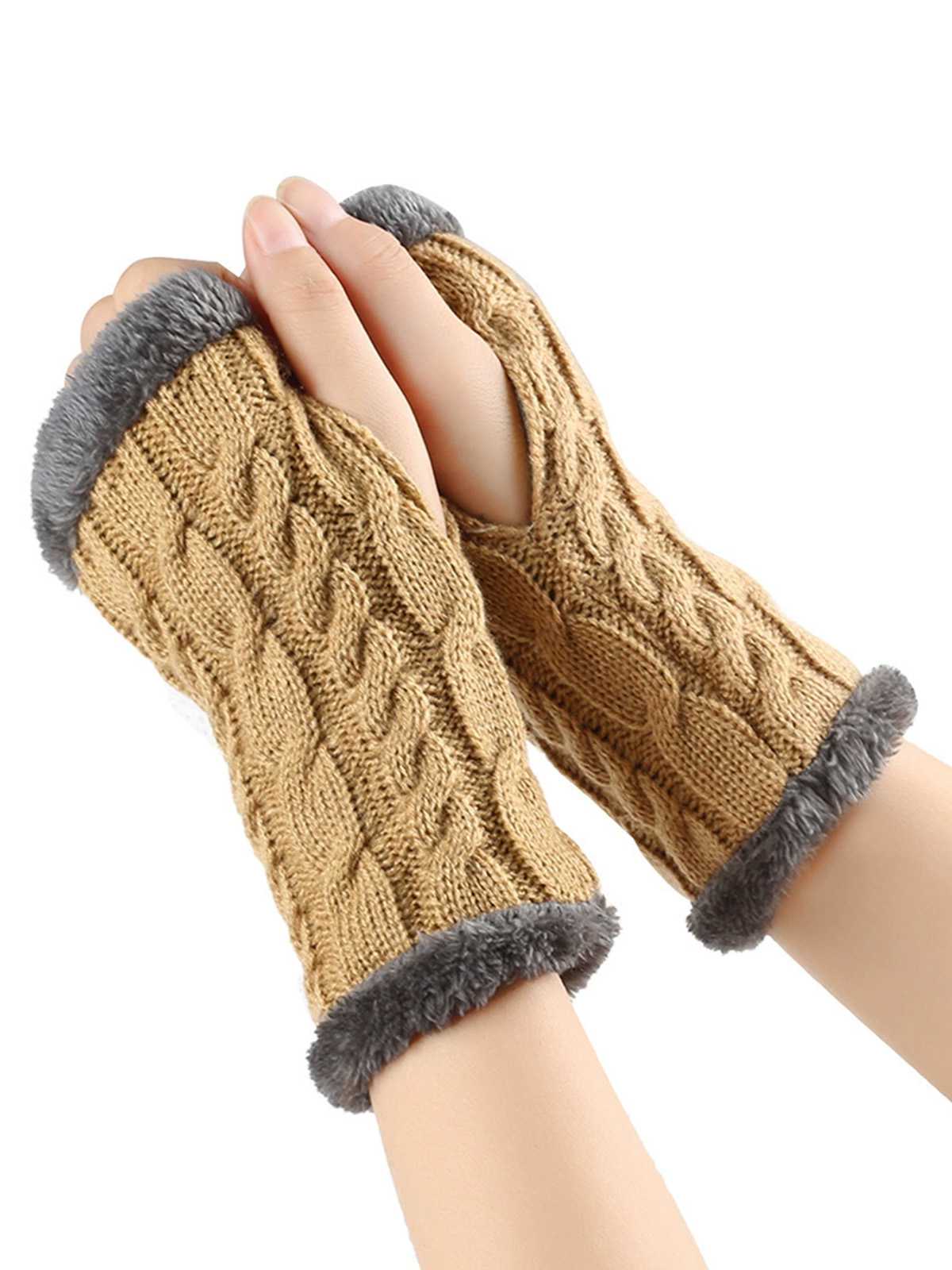 Winter Faux Fur Trim Knit Fingerless Gloves - Image 8