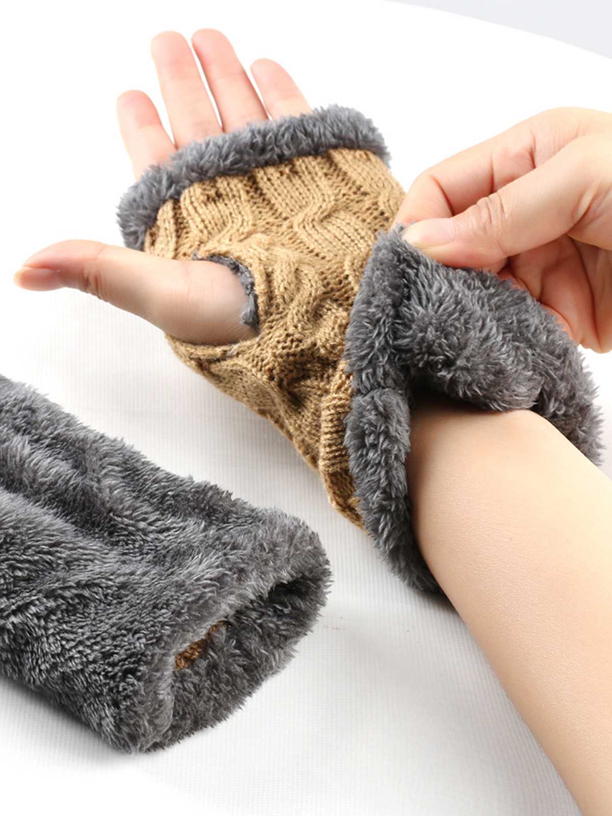 Winter Faux Fur Trim Knit Fingerless Gloves - Image 9