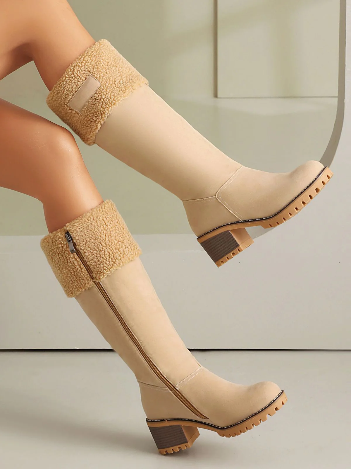 Winter Faux Suede Block Heel Snow Boots - Image 5