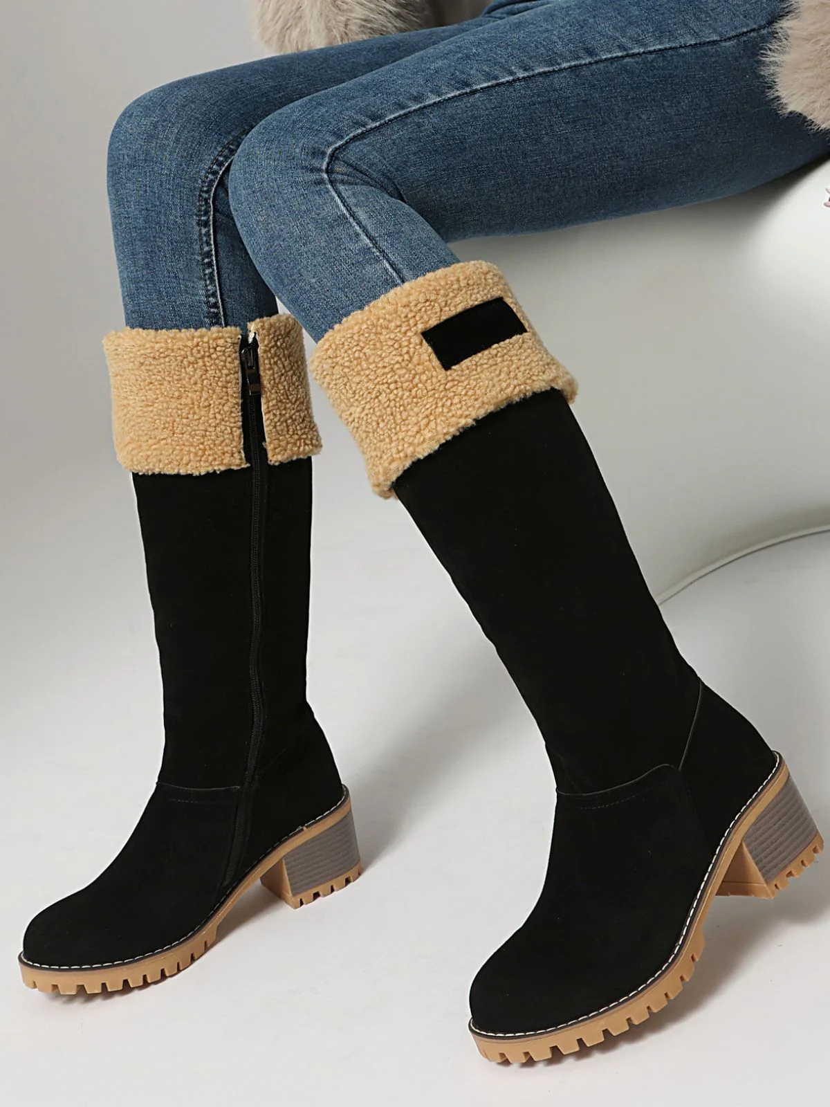 Winter Faux Suede Block Heel Snow Boots - Image 7
