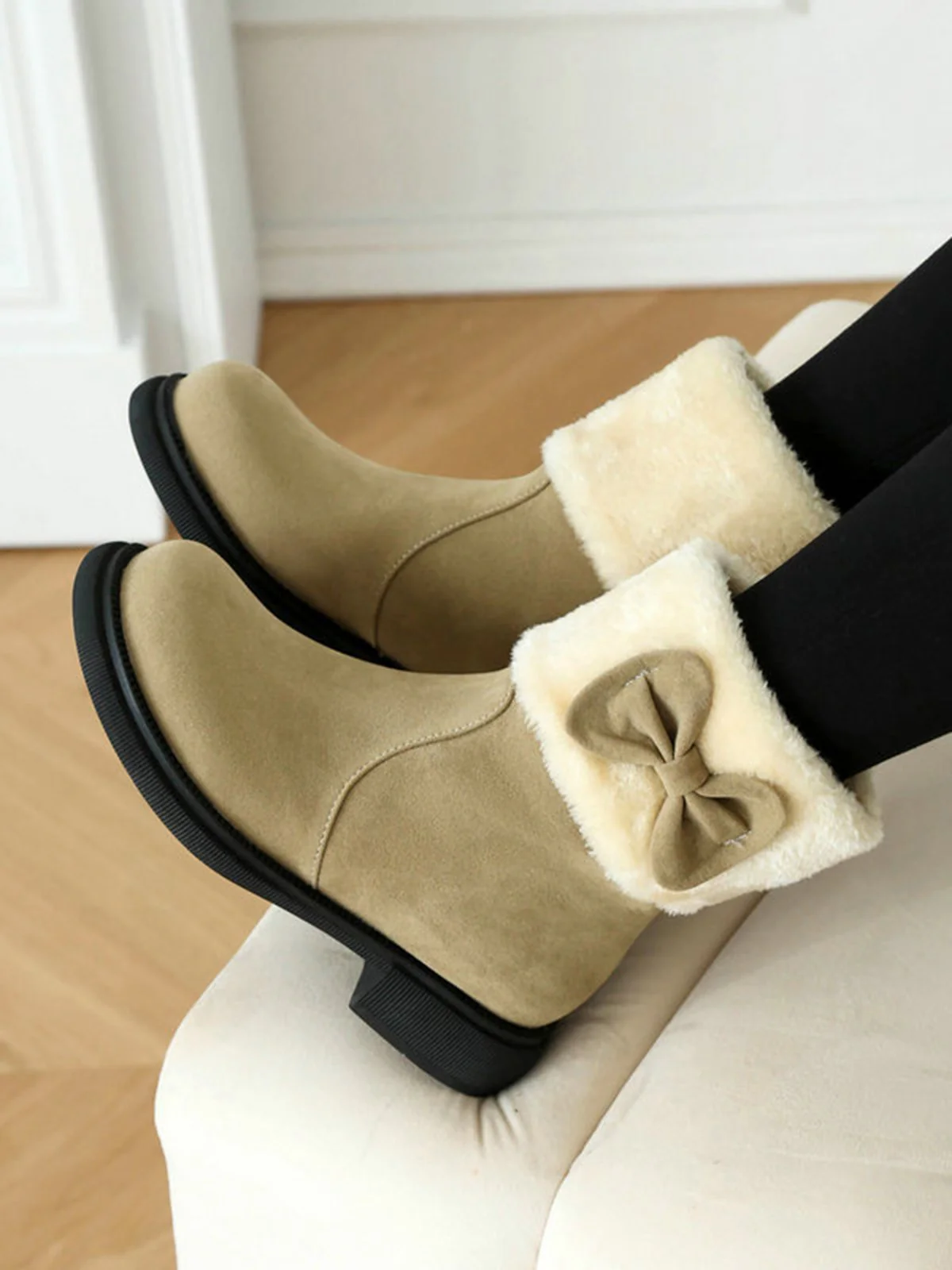 Winter Plush Trim Bow Round Toe Ankle Boots - Image 12