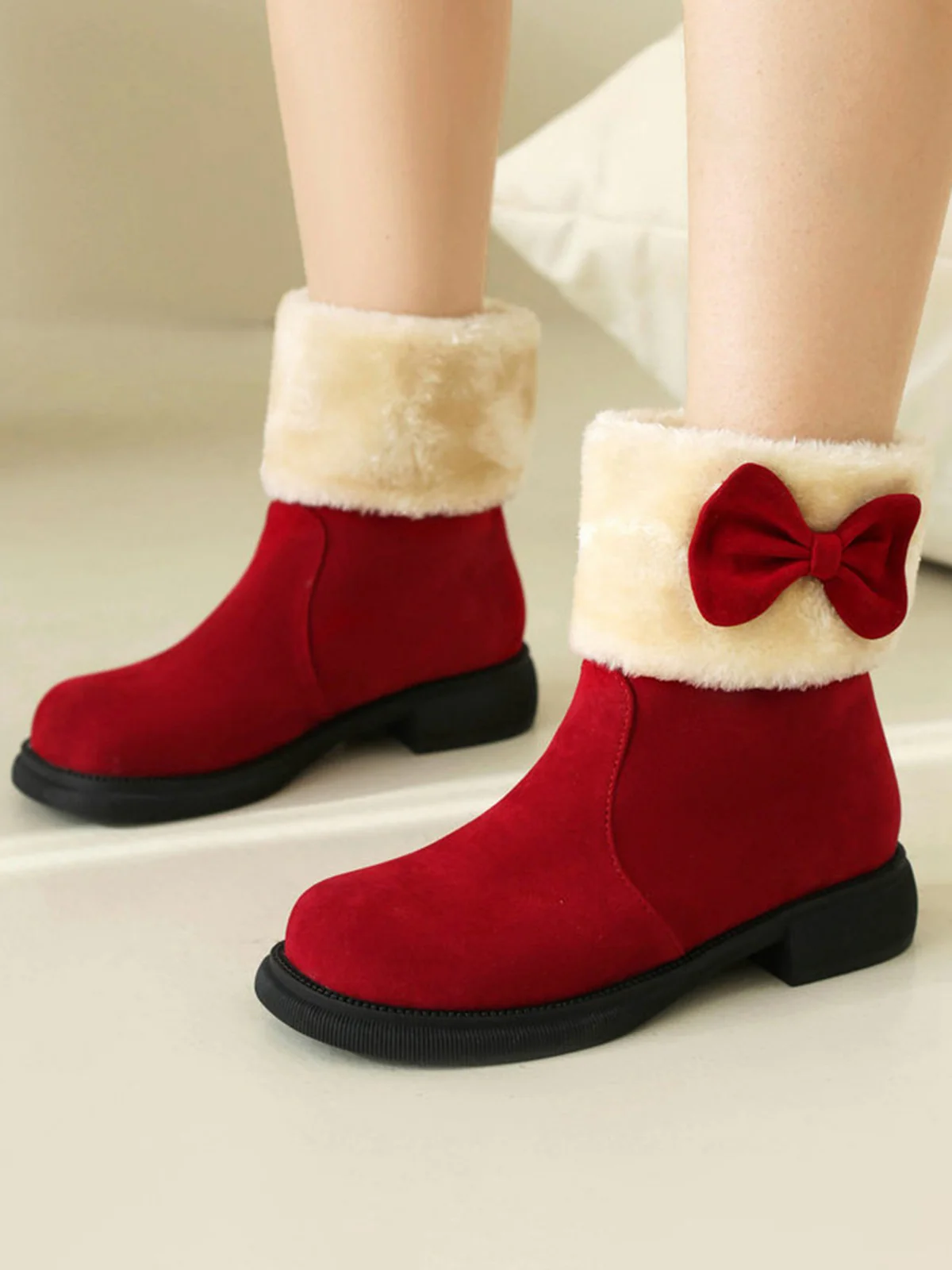 Winter Plush Trim Bow Round Toe Ankle Boots - Image 2