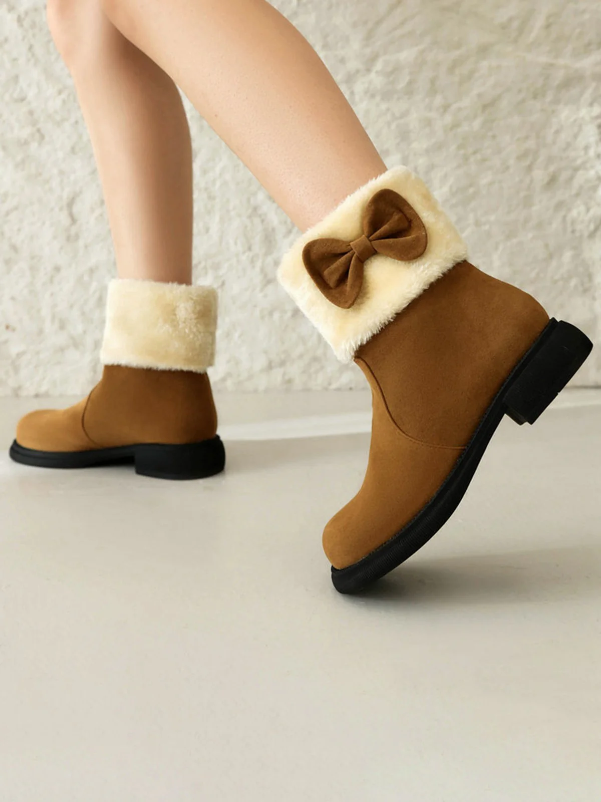 Winter Plush Trim Bow Round Toe Ankle Boots - Image 6