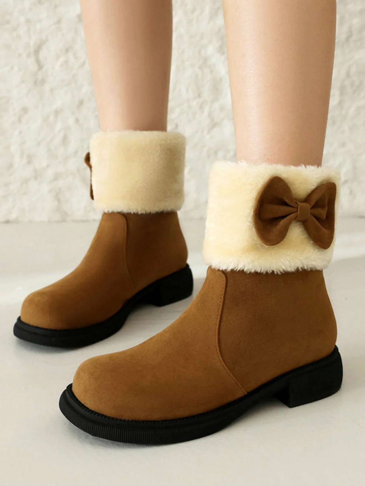 Winter Plush Trim Bow Round Toe Ankle Boots - Image 8