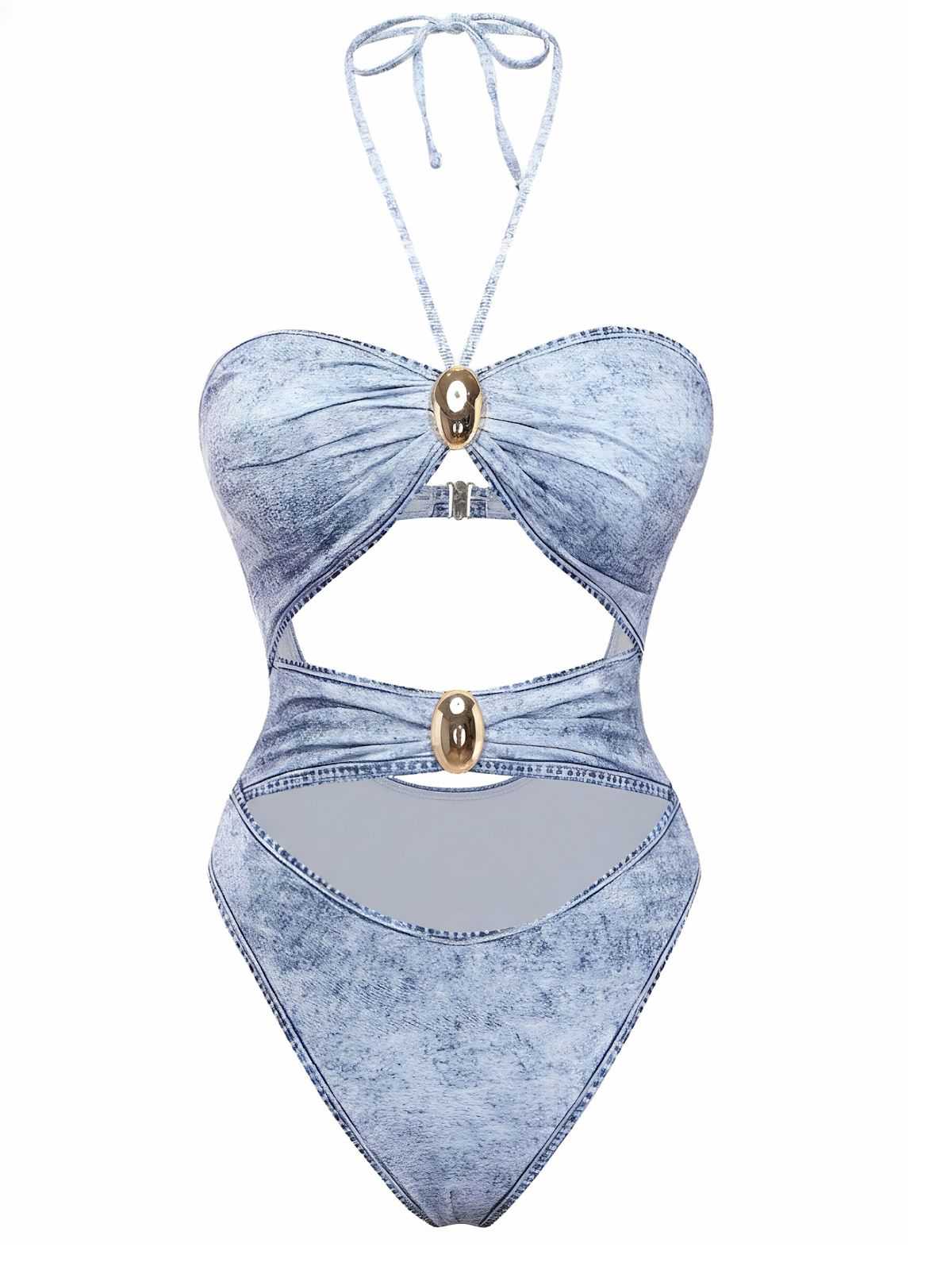 Y2K Denim Print Halter Cut-Out One-Piece Swimsuit - Image 2