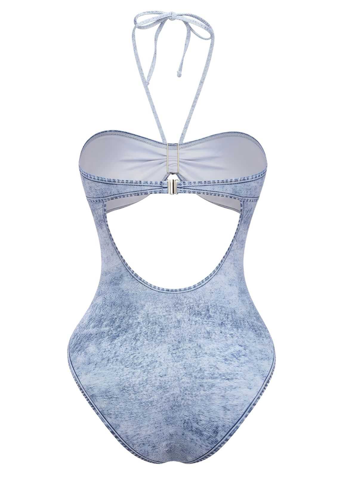 Y2K Denim Print Halter Cut-Out One-Piece Swimsuit - Image 3