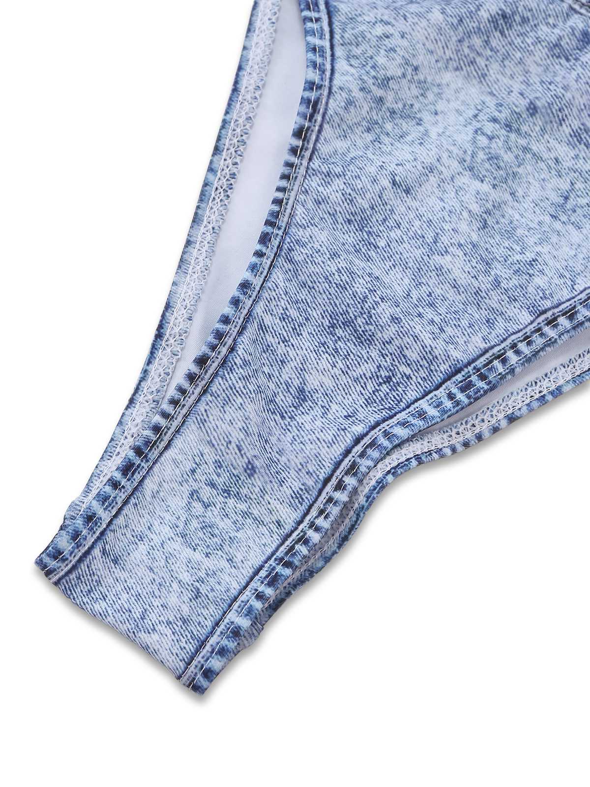 Y2K Denim Print Halter Cut-Out One-Piece Swimsuit - Image 6
