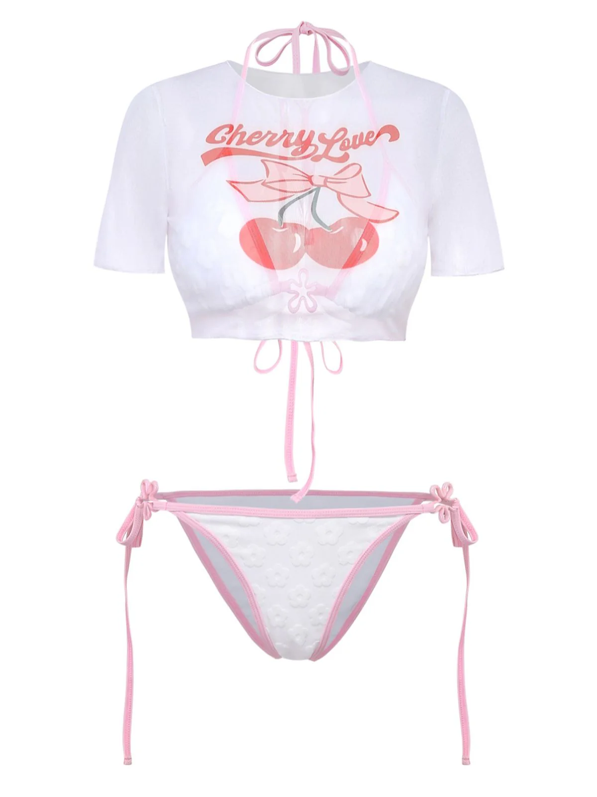 Y2K Halter Textured Floral Bikini Set & Cherry Love Crop Cover-up - Image 2